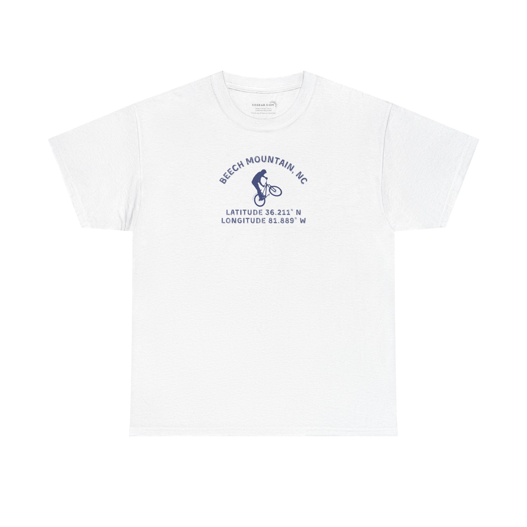 White t-shirt with mountain bike graphic and text "Beech Mountain, NC" along with Latitude and Longitude" coordinates