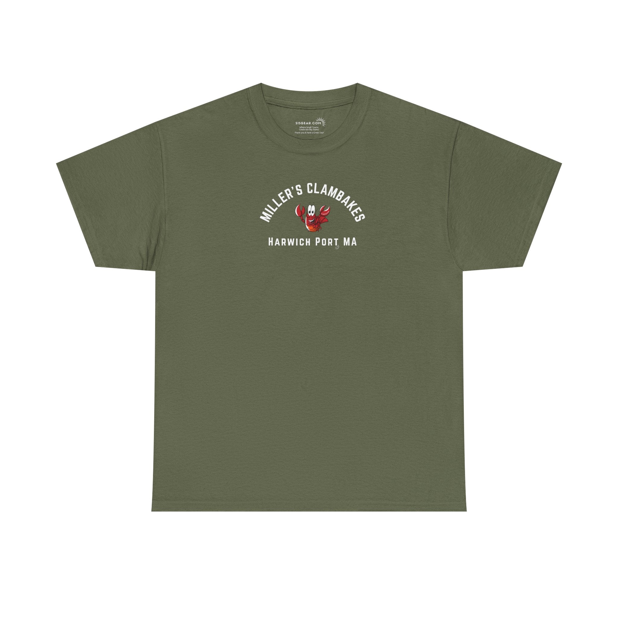 Green t-shirt with happy lobster graphic and text 'Miller's Clambakes Harwich Port, MA'