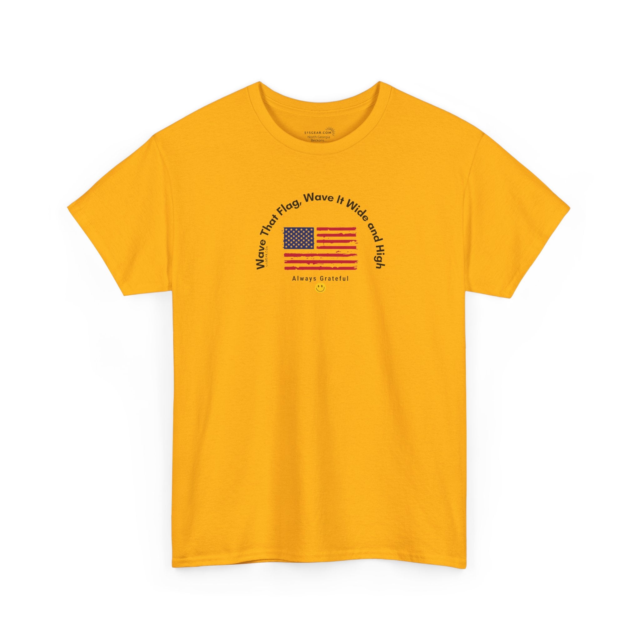 Yellow t-shirt with American flag graphic and text "Wave That Flag, Wave It Wide and High"