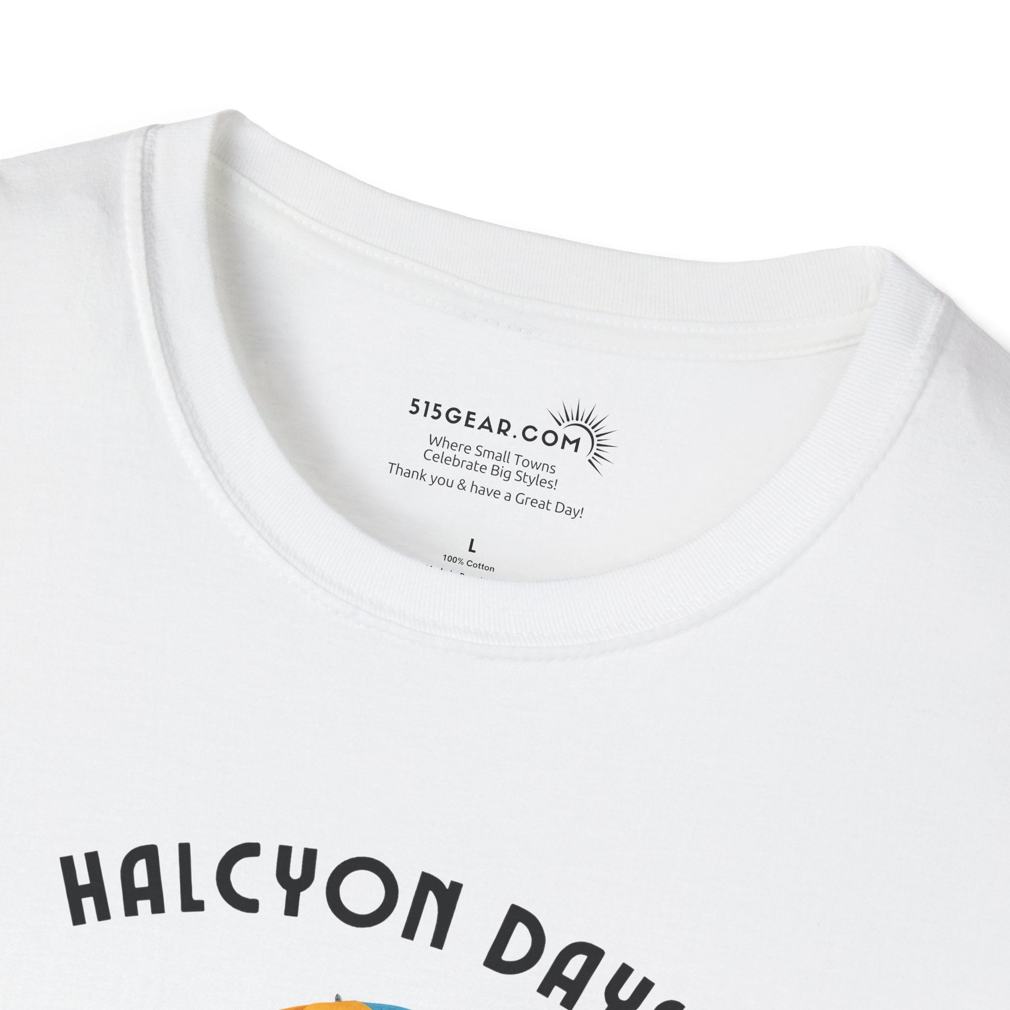 White t-shirt with 'HALCYON DAYS' text and brand logo on a white background