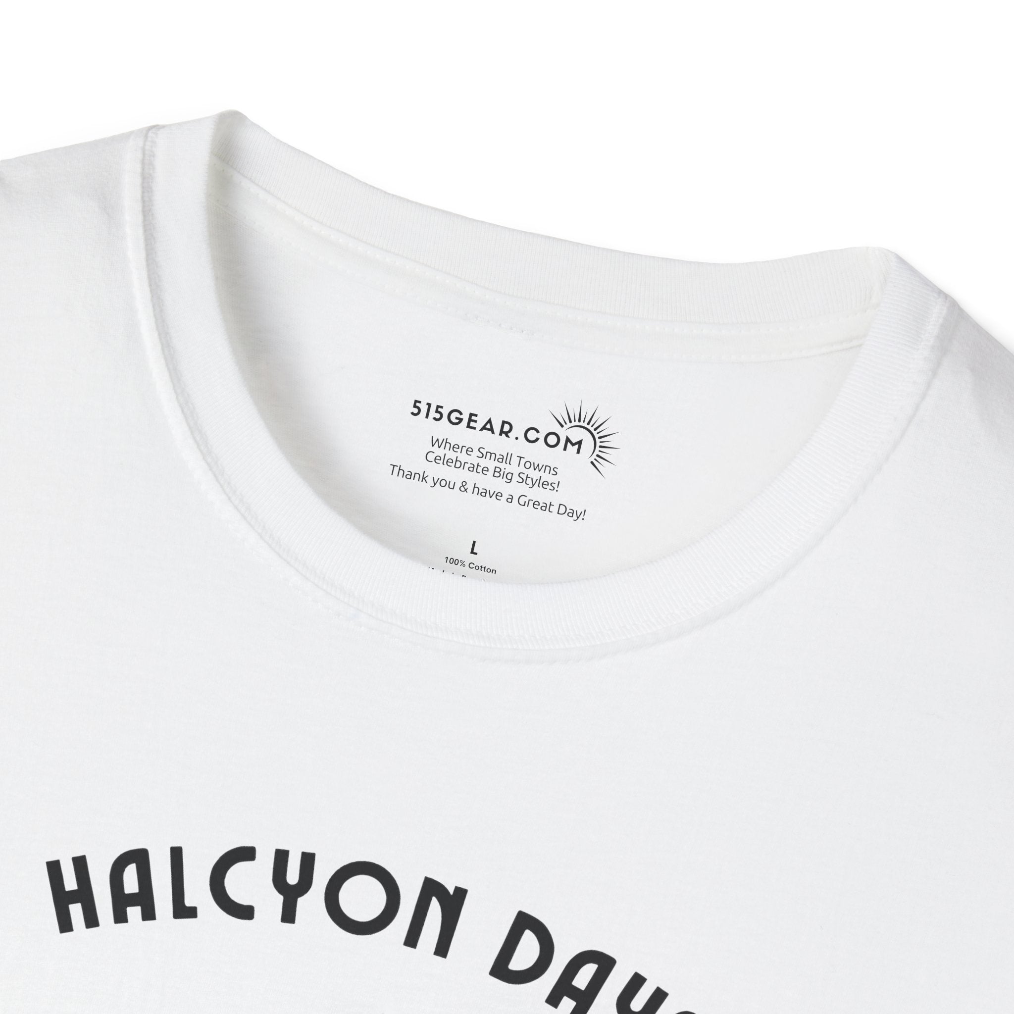 White t-shirt with 'HALCYON DAYS' text and a visible brand label on a white background