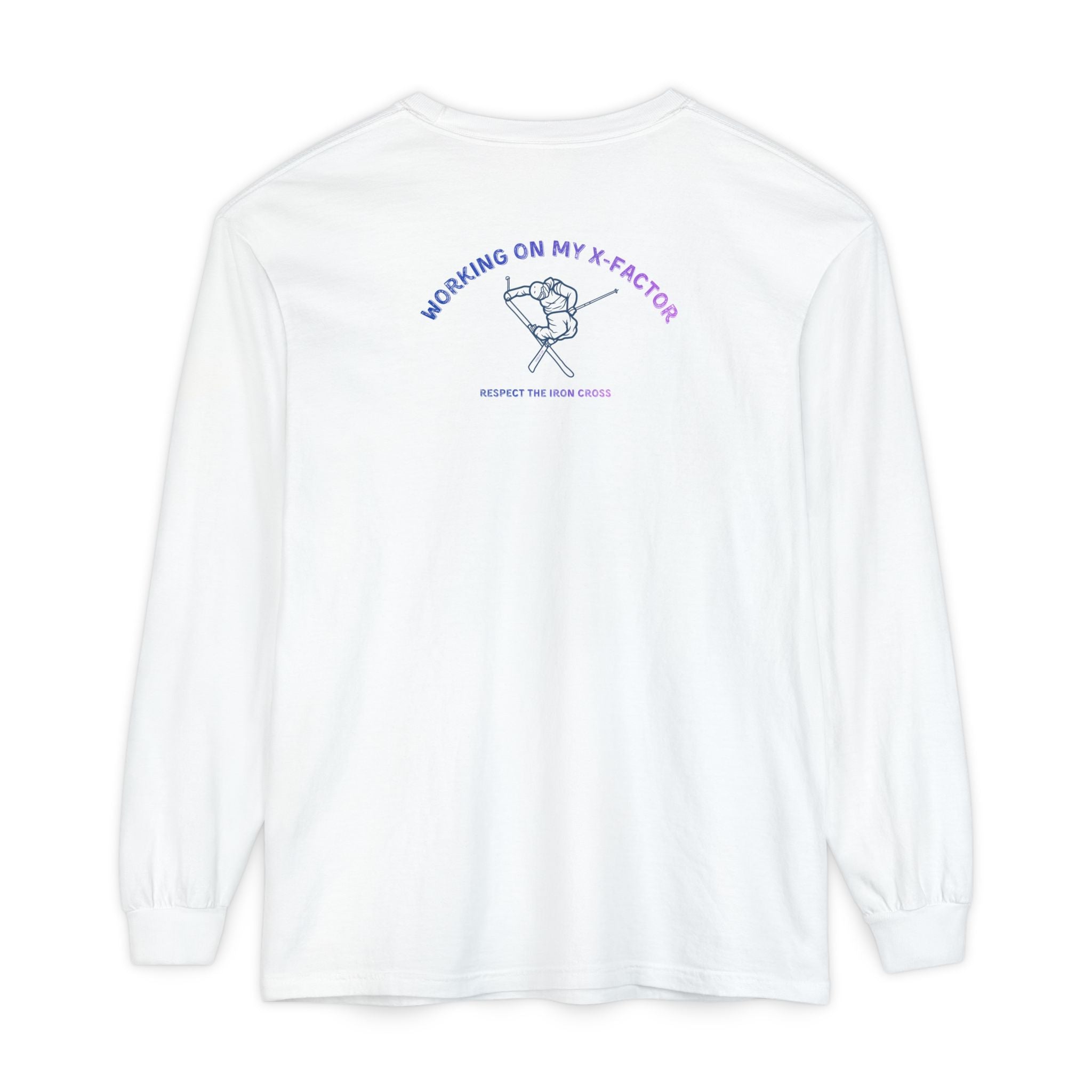 White long-sleeve unisex Comfort Color t-shirt with ski jump graphic and text Working on my X-Factor Respect the Iron Cross