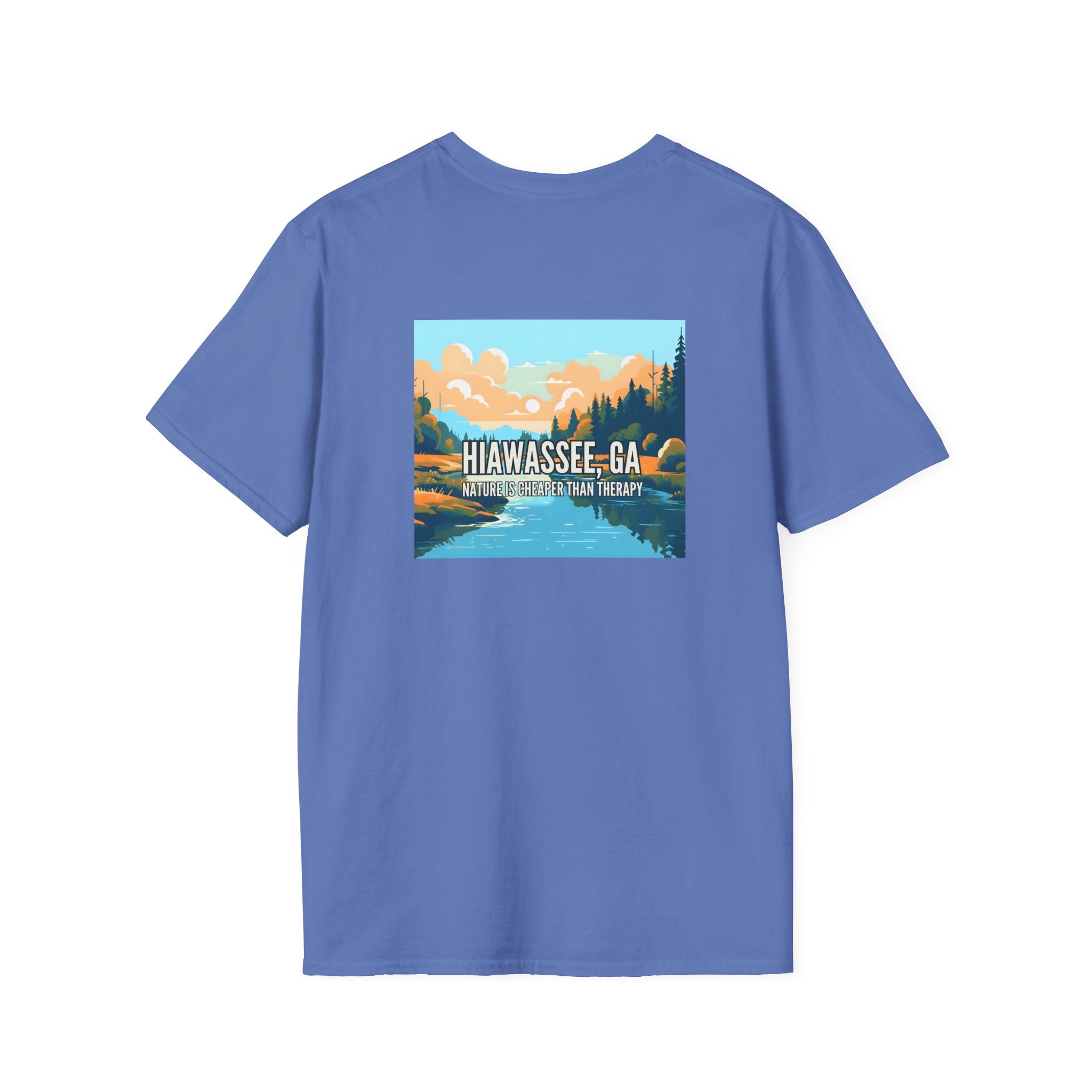 unisex adult T-shirt, Mountain Scene Graphic, by 515Gear.com | Hiawassee, GA | Nature is Cheaper than Therapy