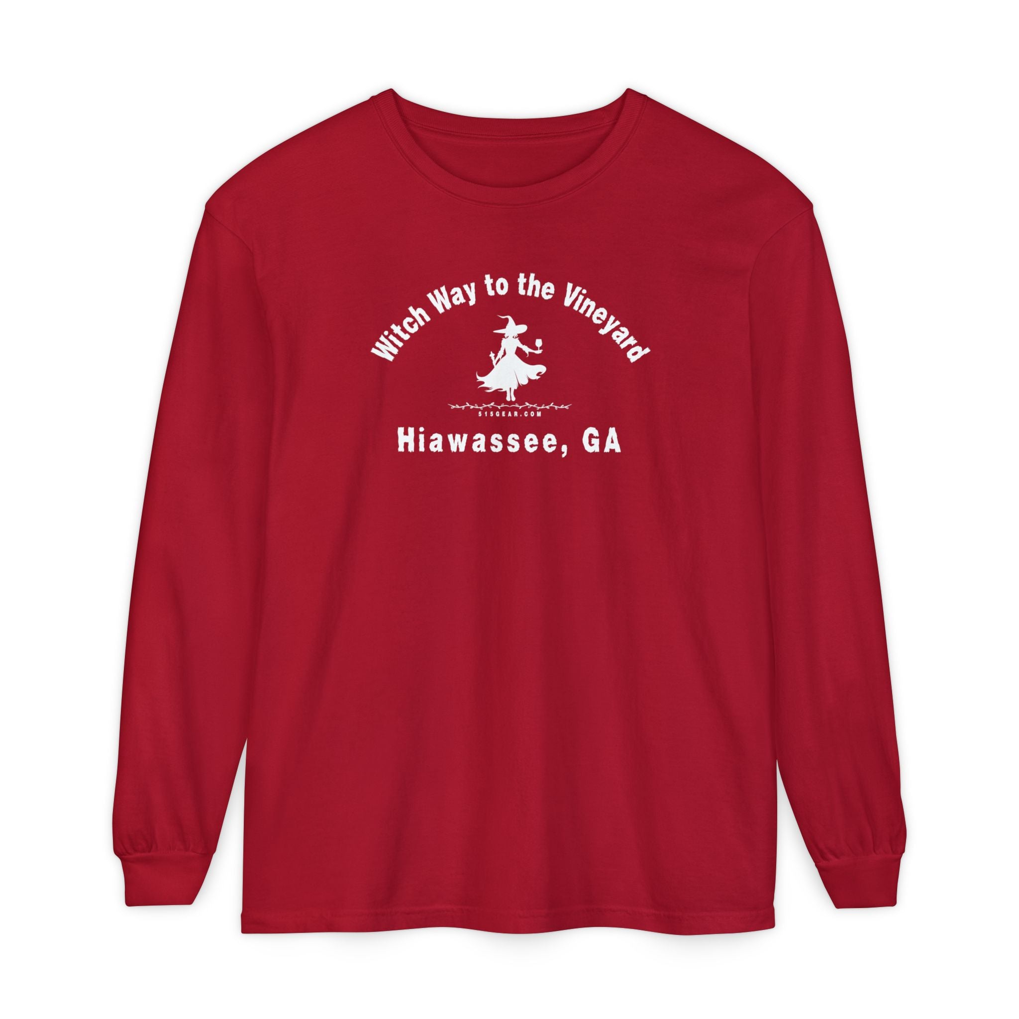 Red unisex long sleeve t-shirt with sassy witch graphic holding a glass of wine and text "Witch Way to the Vineyard - Hiawassee GA" by 515Gear.com