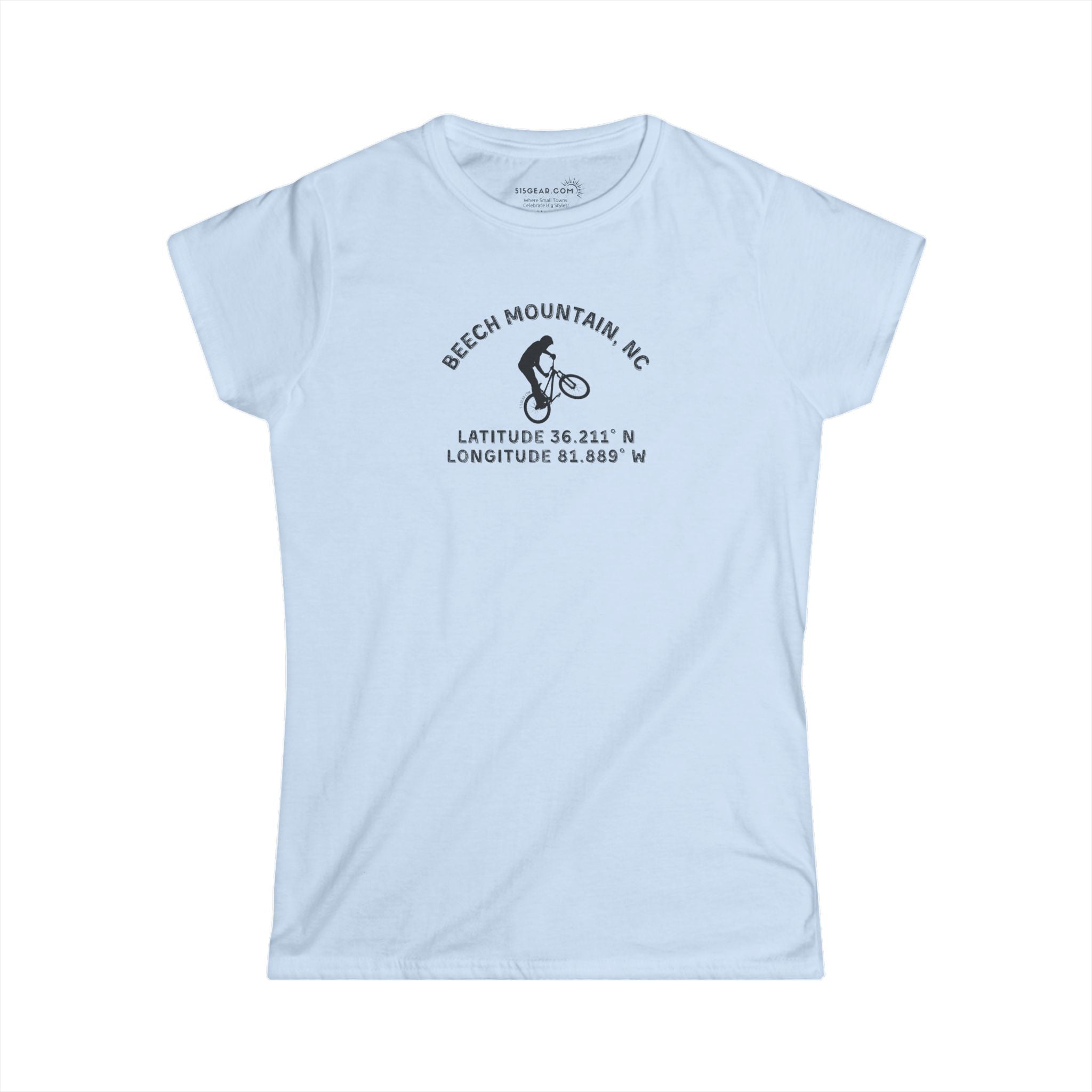 Light blue women's semi fitted t-shirt with mountain bike graphic and text "Beech Mountain, NC - Latitude and Longitude" coordinates