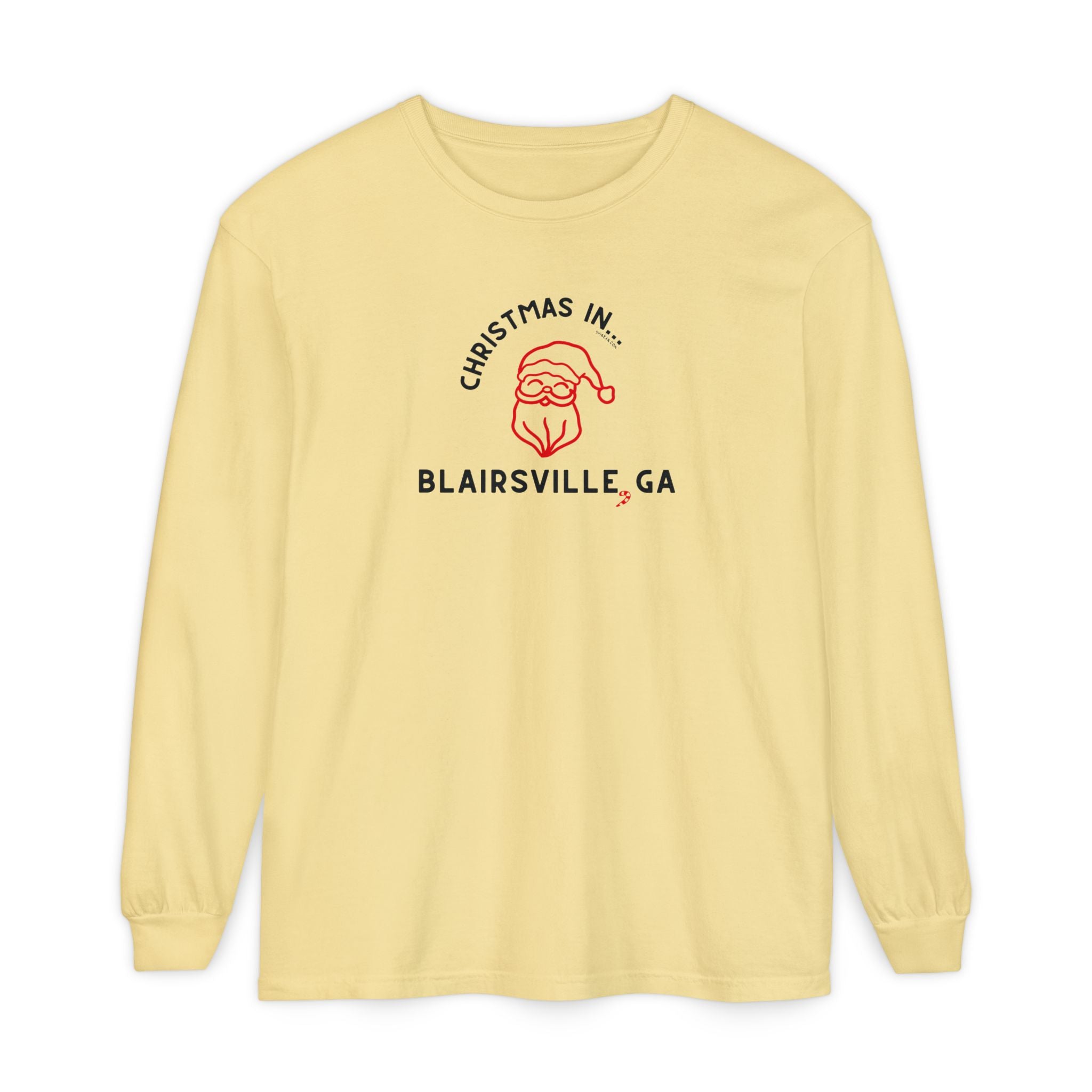 Yellow long-sleeve Comfort Colors t-shirt with Santa graphic and text "Christmas in Blairsville, GA"