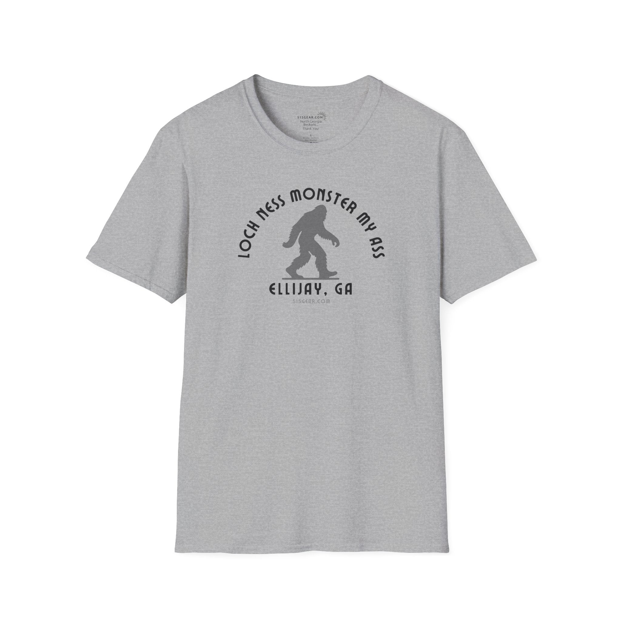 Unisex Bigfoot T-shirt with 'Loch Ness Monster My Ass’ text Ellijay GA funny cryptid graphic by 515 Gear