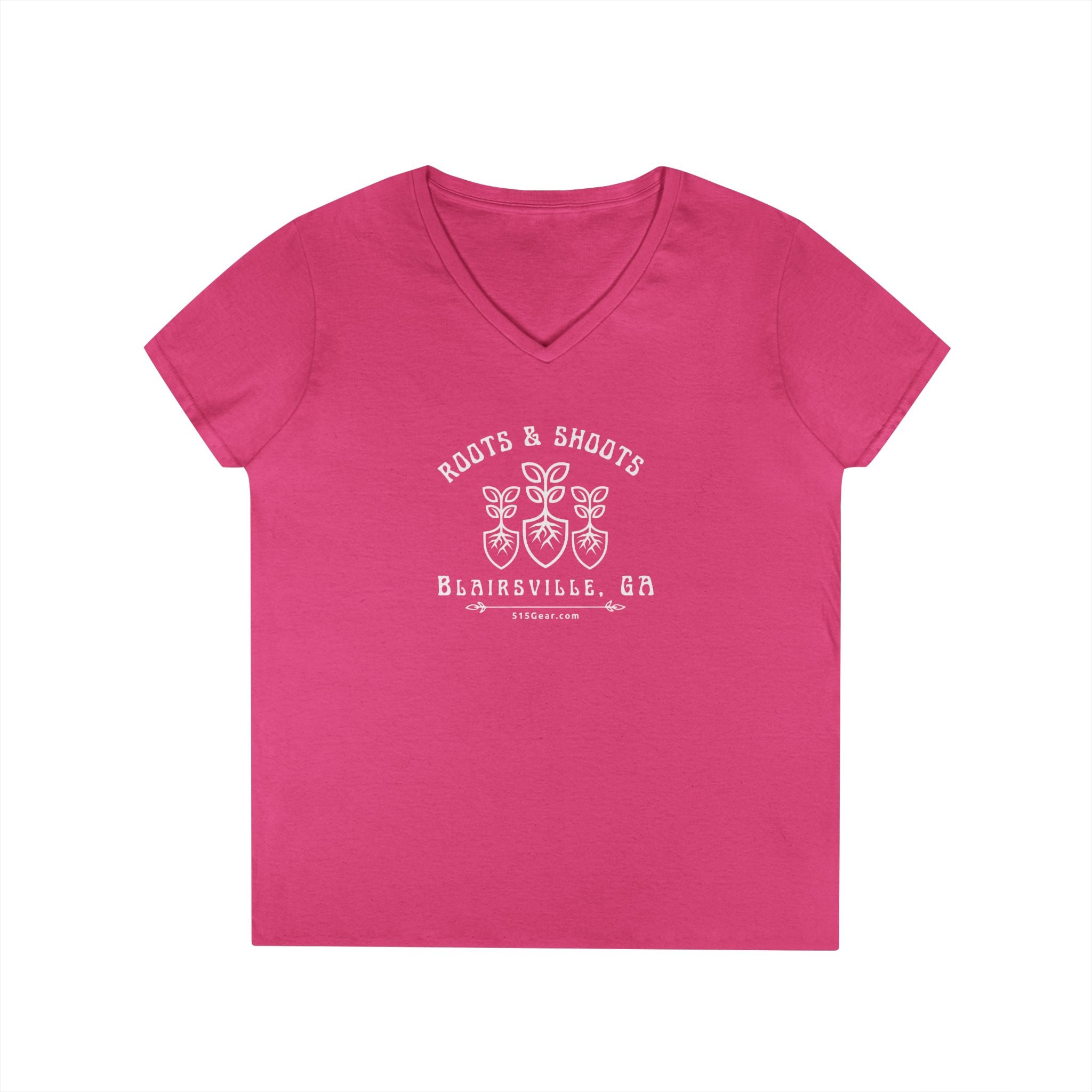 Women’s V-Neck T-shirt, Roots & Shoots, Garden shovel root leaf graphic, 515Gear.com | Blairsville, GA | celebrate gardening