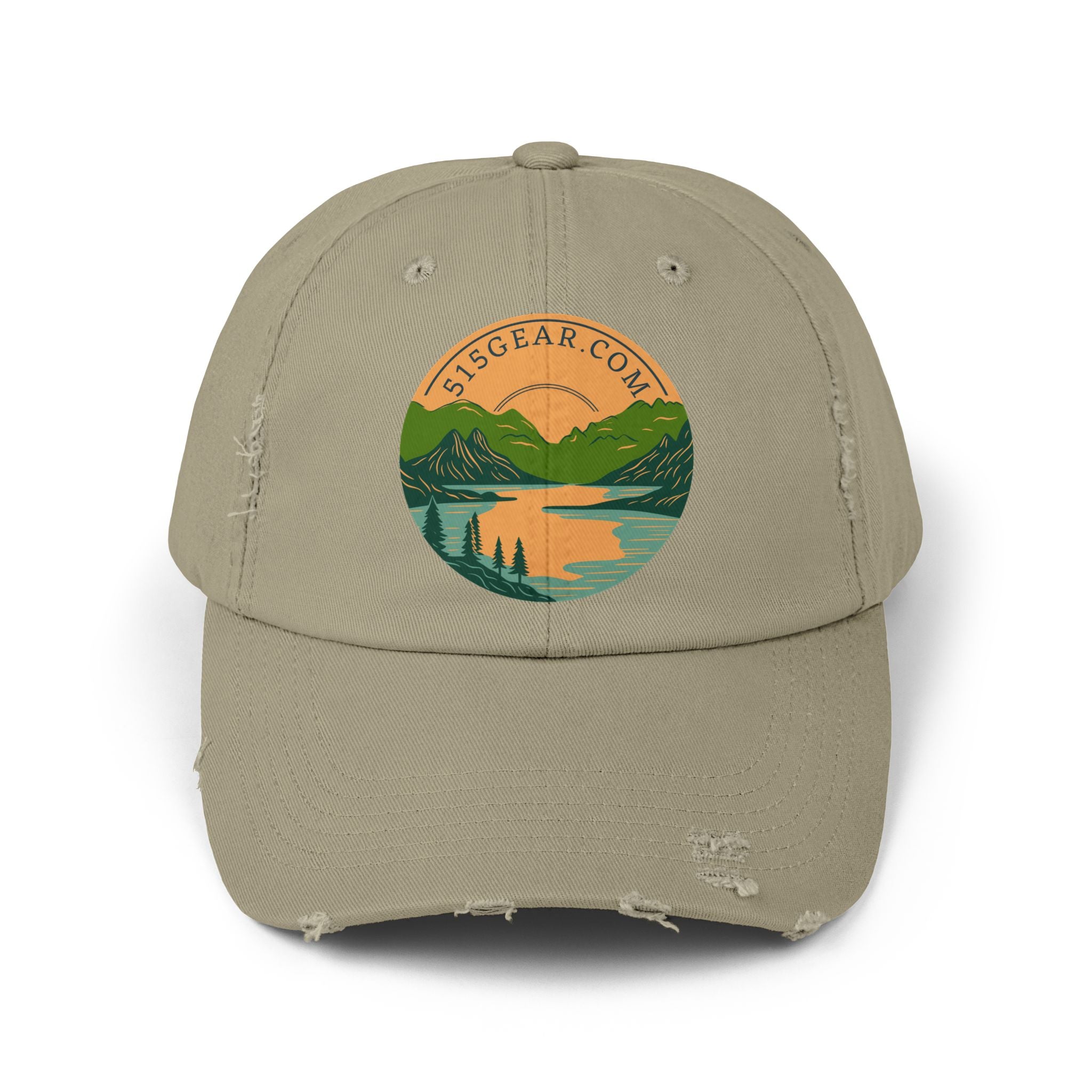 Distressed Baseball cap, 515 Gear Adventure Awaits Logo | by 515Gear.com | Come sit by the lake!