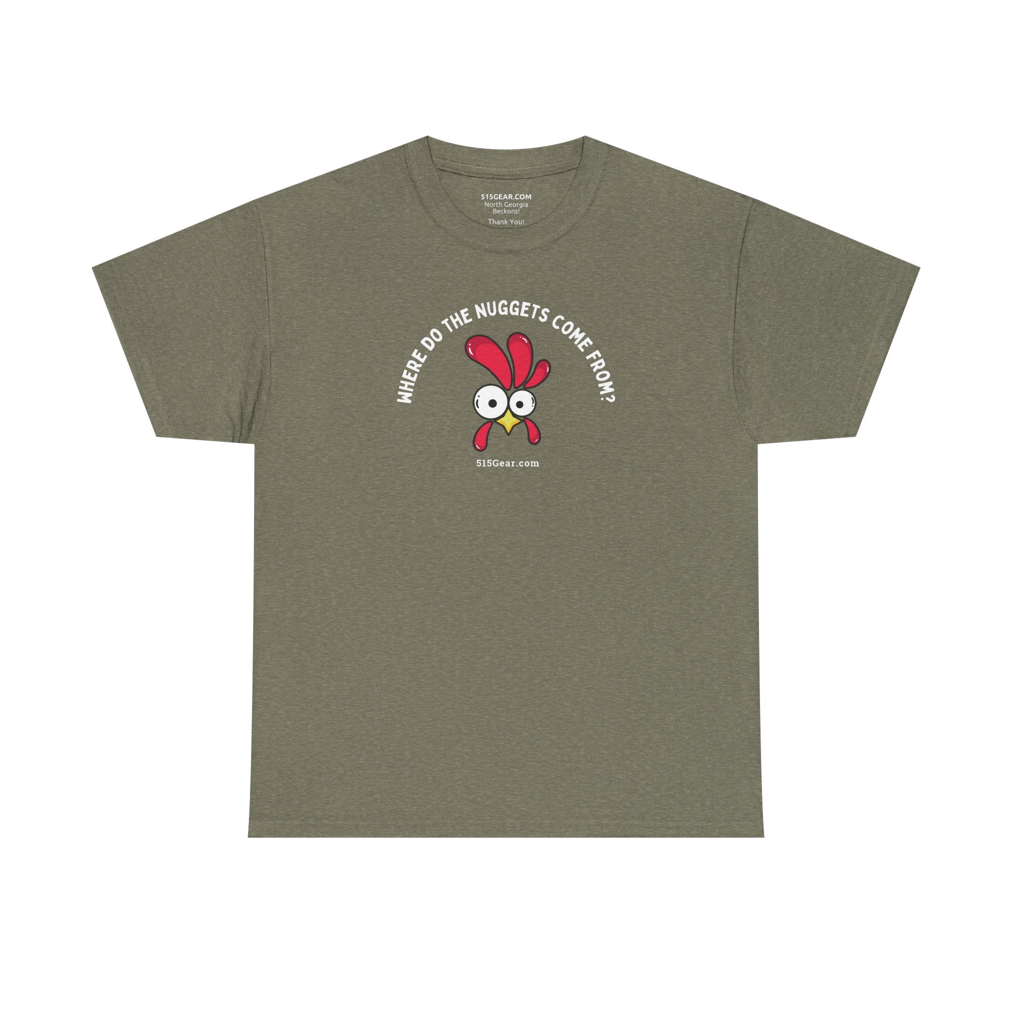 unisex adult t-shirt, where do nuggets come from | 515Gear.com | anyone love a fun t-shirt?