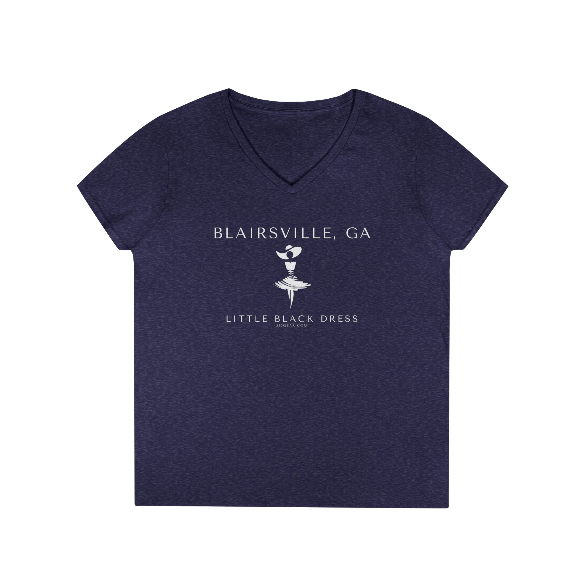 Navy blue v-neck t-shirt with stylish woman in a dress and fancy southern hat and text "Blairsville, GA. - Little Black Dress"