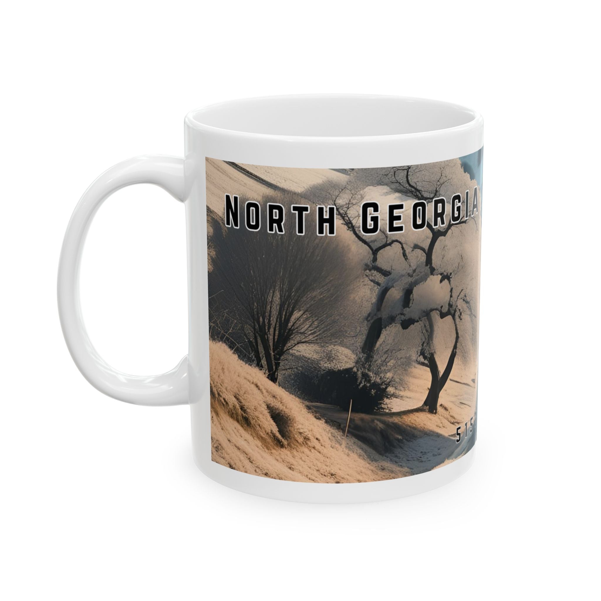 Mug with a vintage scenic design of a rural road cutting through the North Georgia Mountains in Winter by 515Gear.com