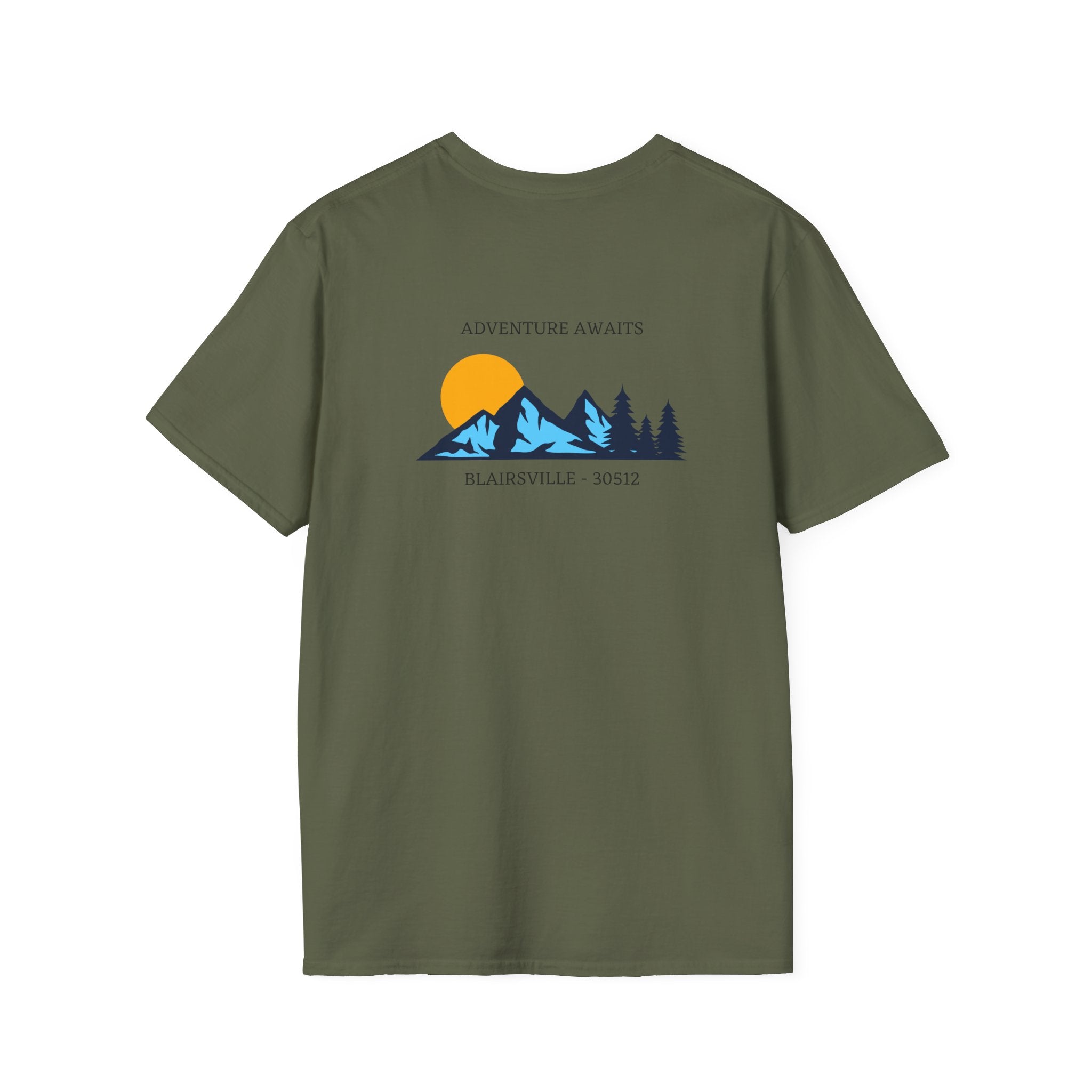 Adult t-shirt, graphic mountains 'ADVENTURE AWAITS', by 515Gear.com |Blairsville, GA |