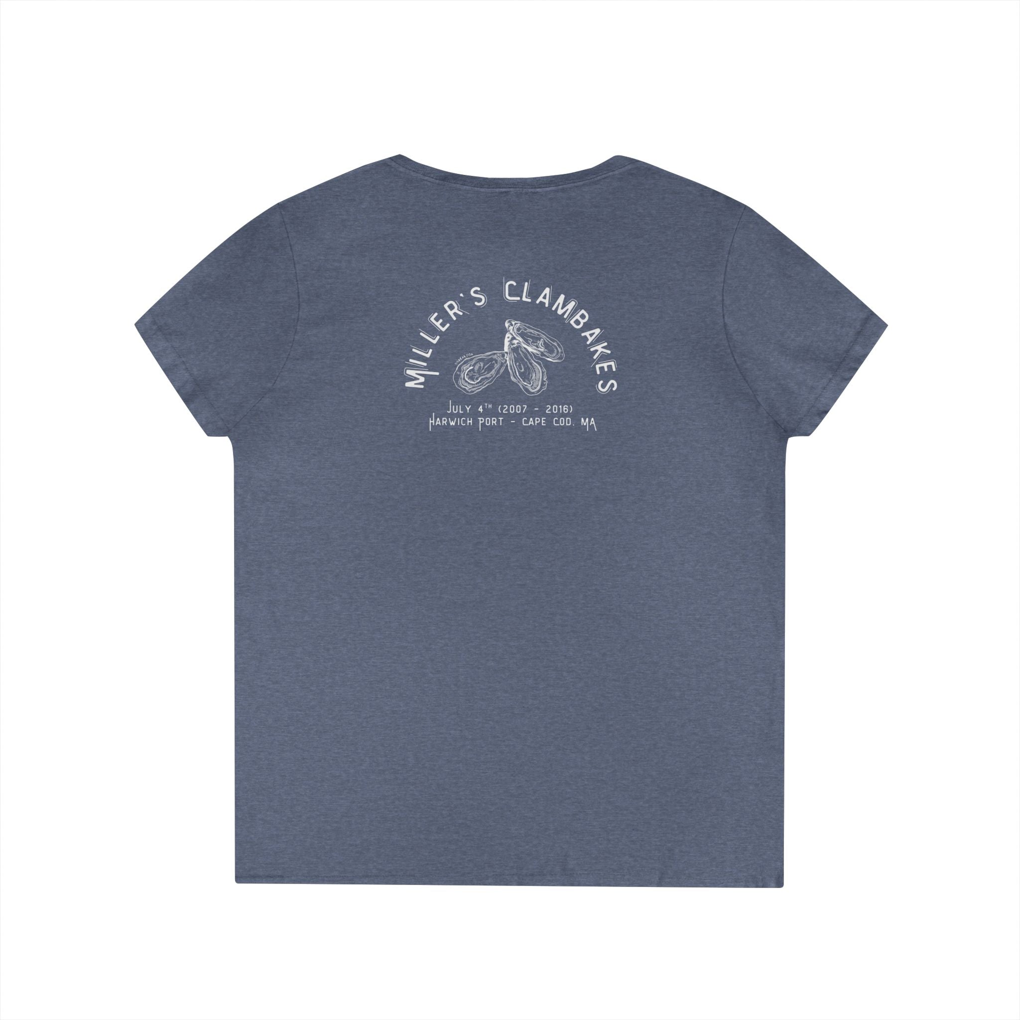Blue v-neck t-shirt with Oyster shell graphic and text Miller's Clambakes on the back