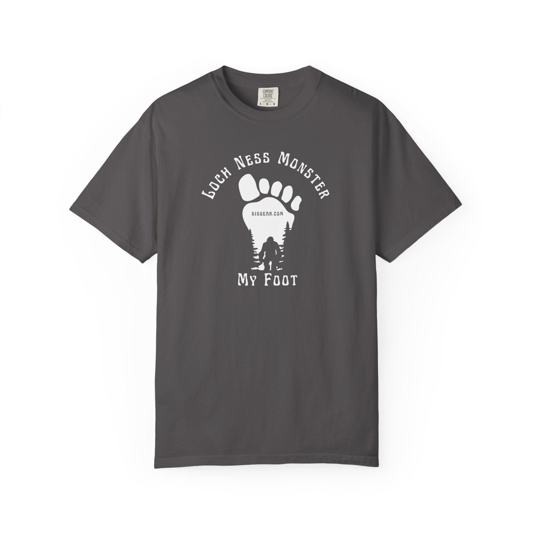 Comfort Colors grey t-shirt with black graphic of a foot with Big Foot inside and text "Loch Ness Monster My Foot" by 515Gear.com