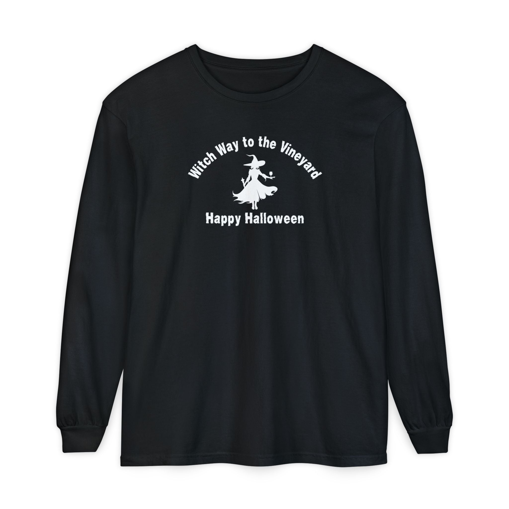 Black long-sleeve unisex comfort color t-shirt with halloween witch graphic holding a wine glass and text "Witch Way to the Vineyard - Happy Halloween"