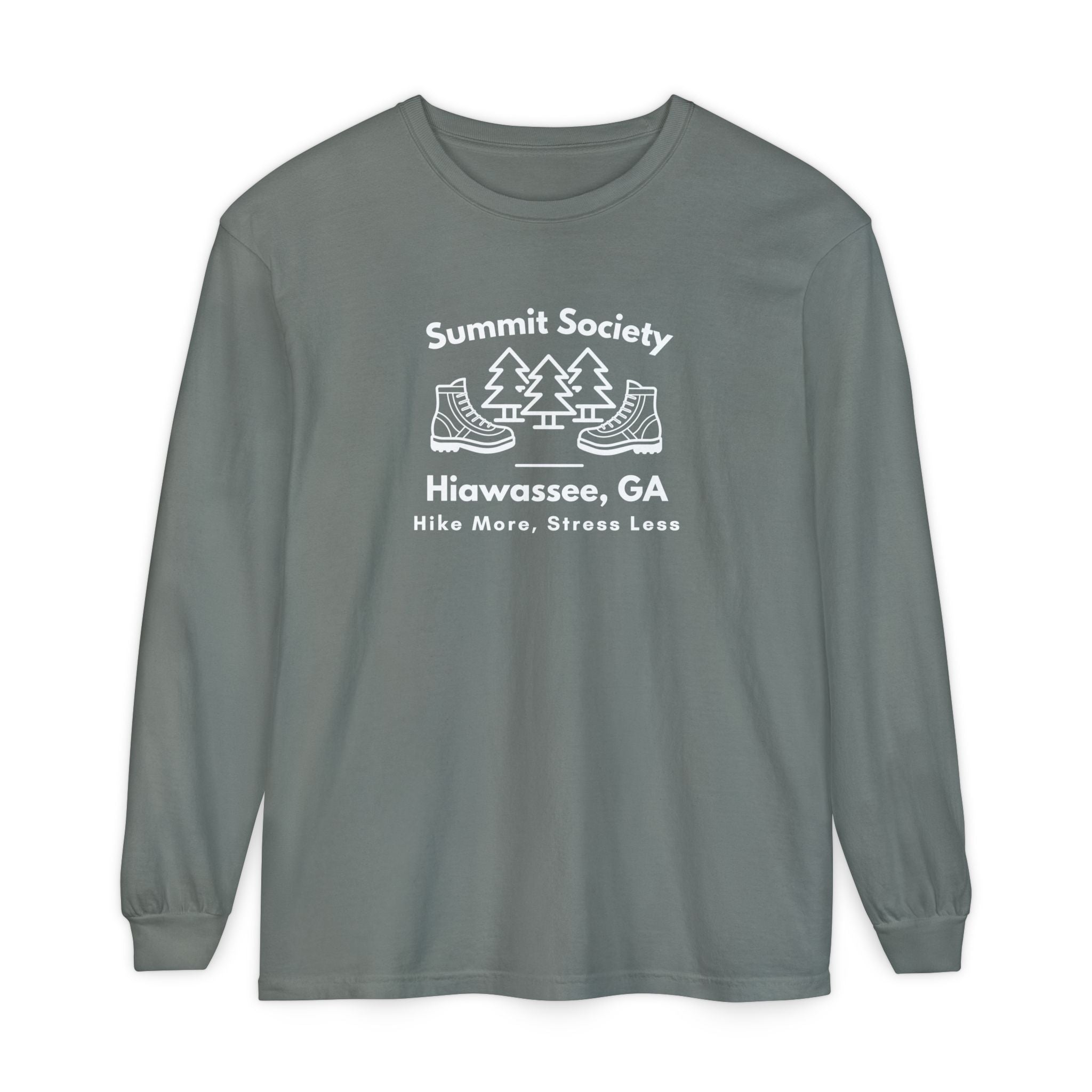 Long-sleeve t-shirt, 'Summit Society Hiawassee, GA Hike More, Stress Less' printed on the front.