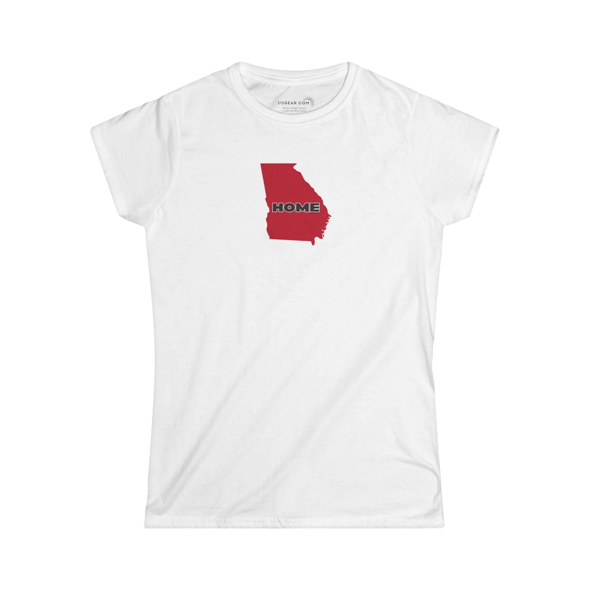 White Women's Semi-fitted v-neck Tee, 100% cotton with State of Georgia graphic and text "Home" in Georgia Bulldog colors