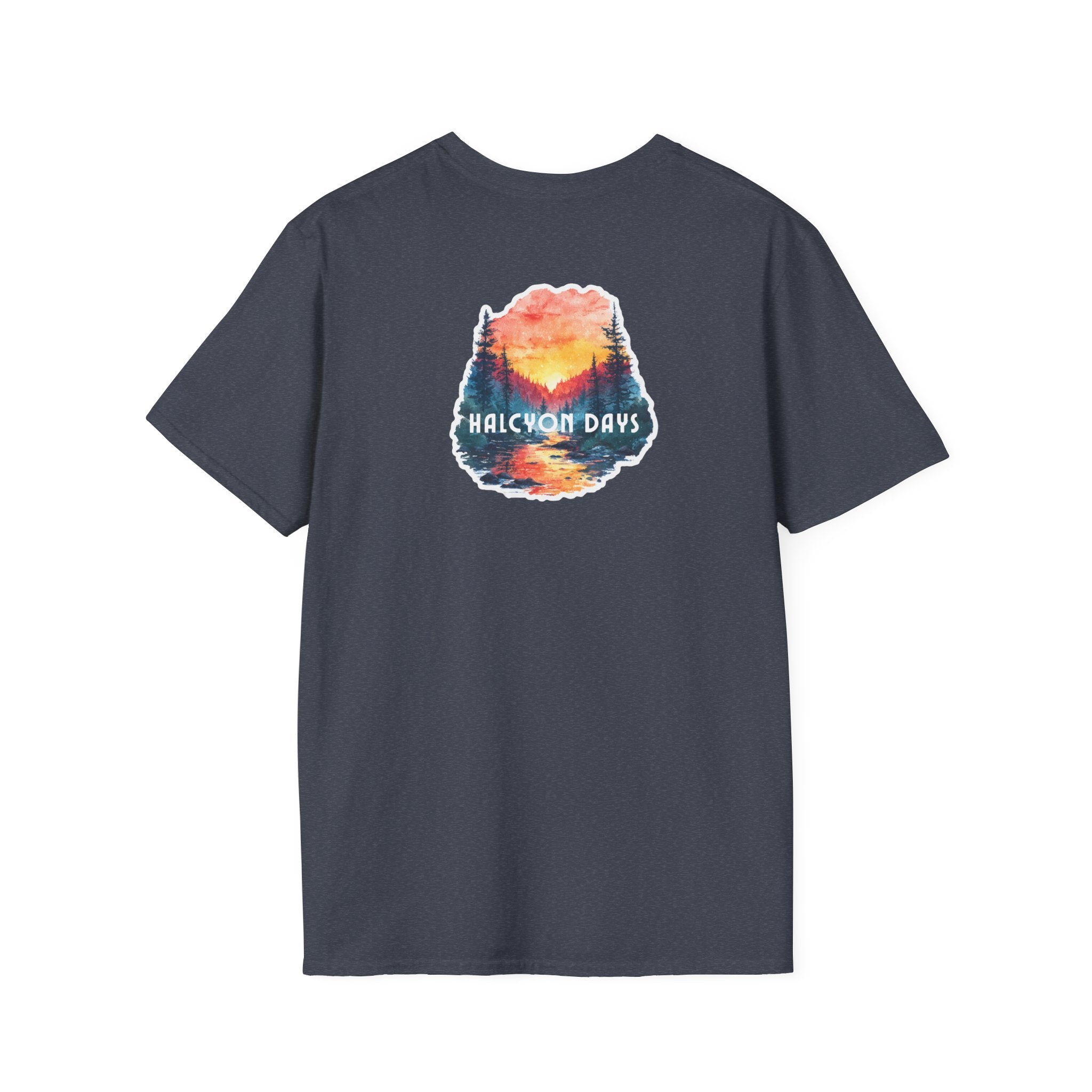 Navy blue Gildan Softstyle t-shirt with text "Halcyon Days" and mountain river graphic
