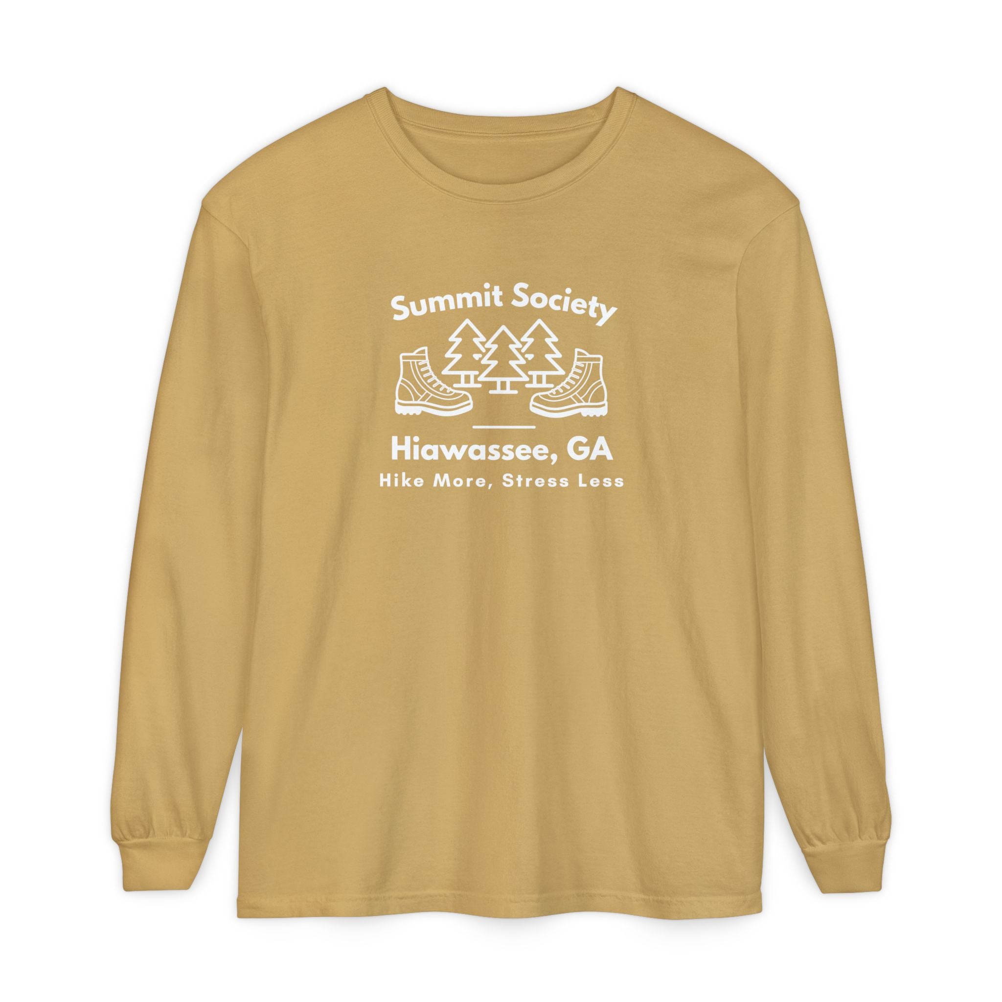 Long-sleeve t-shirt, 'Summit Society Hiawassee, GA Hike More, Stress Less' printed on the front.