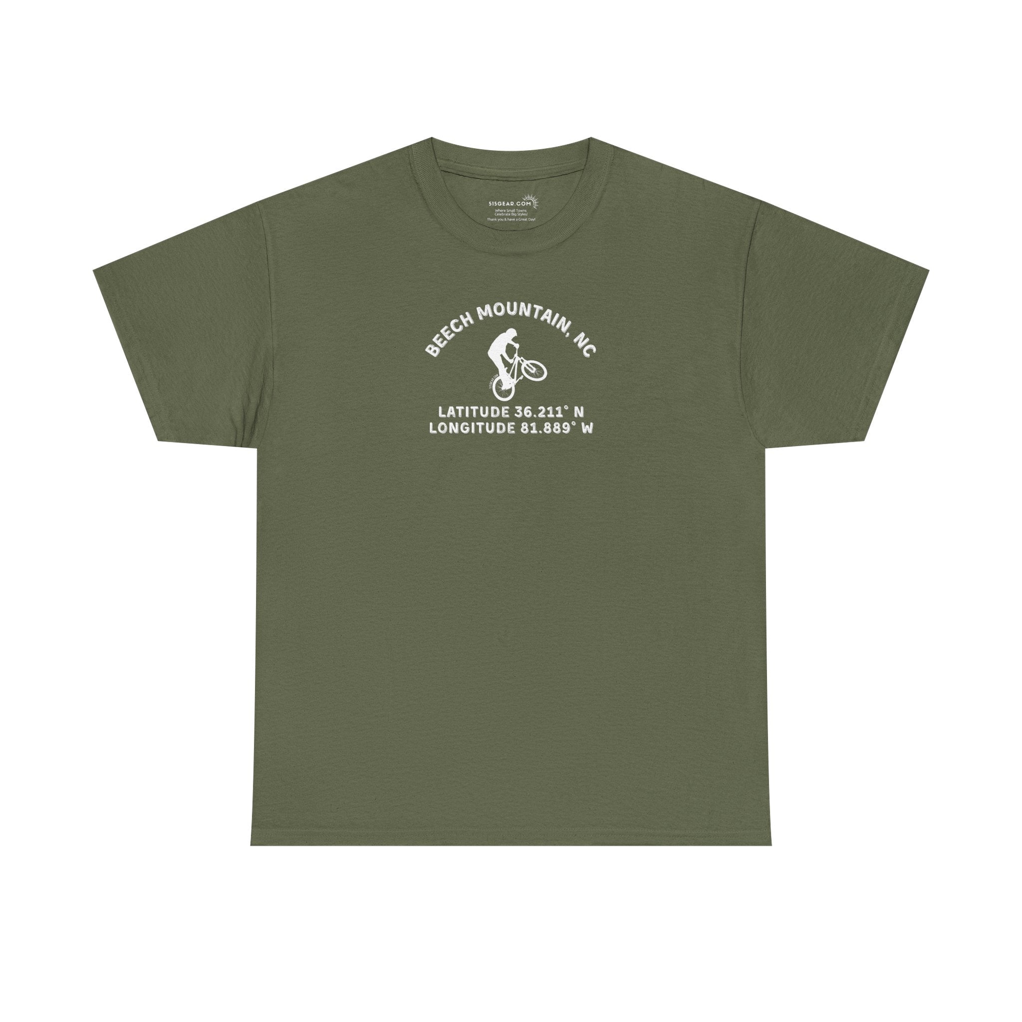 Green t-shirt with mountain bike graphic and text "Beech Mountain, NC" along with Latitude and Longitude" coordinates