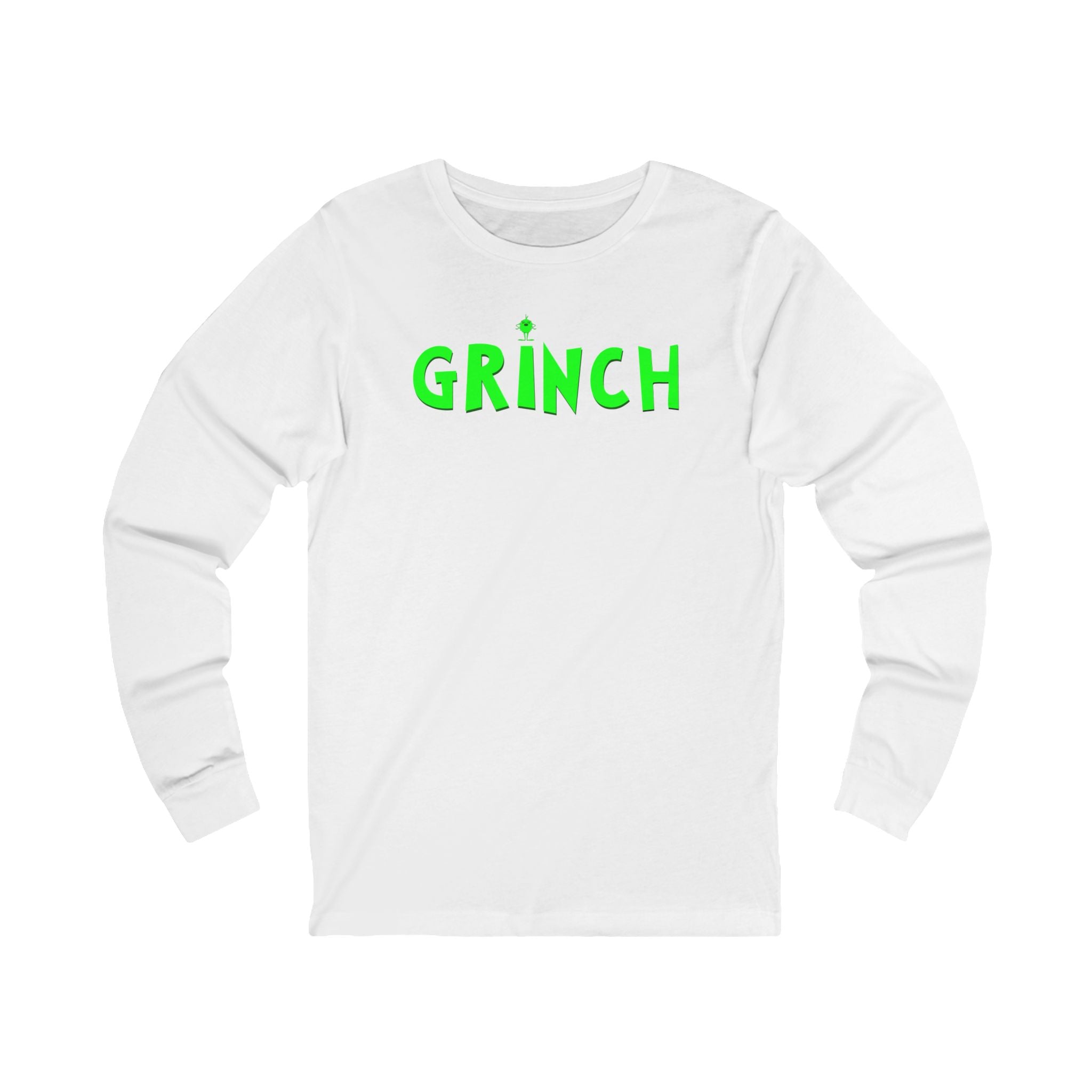 White long-sleeve shirt with green 'GRINCH' text on a white background