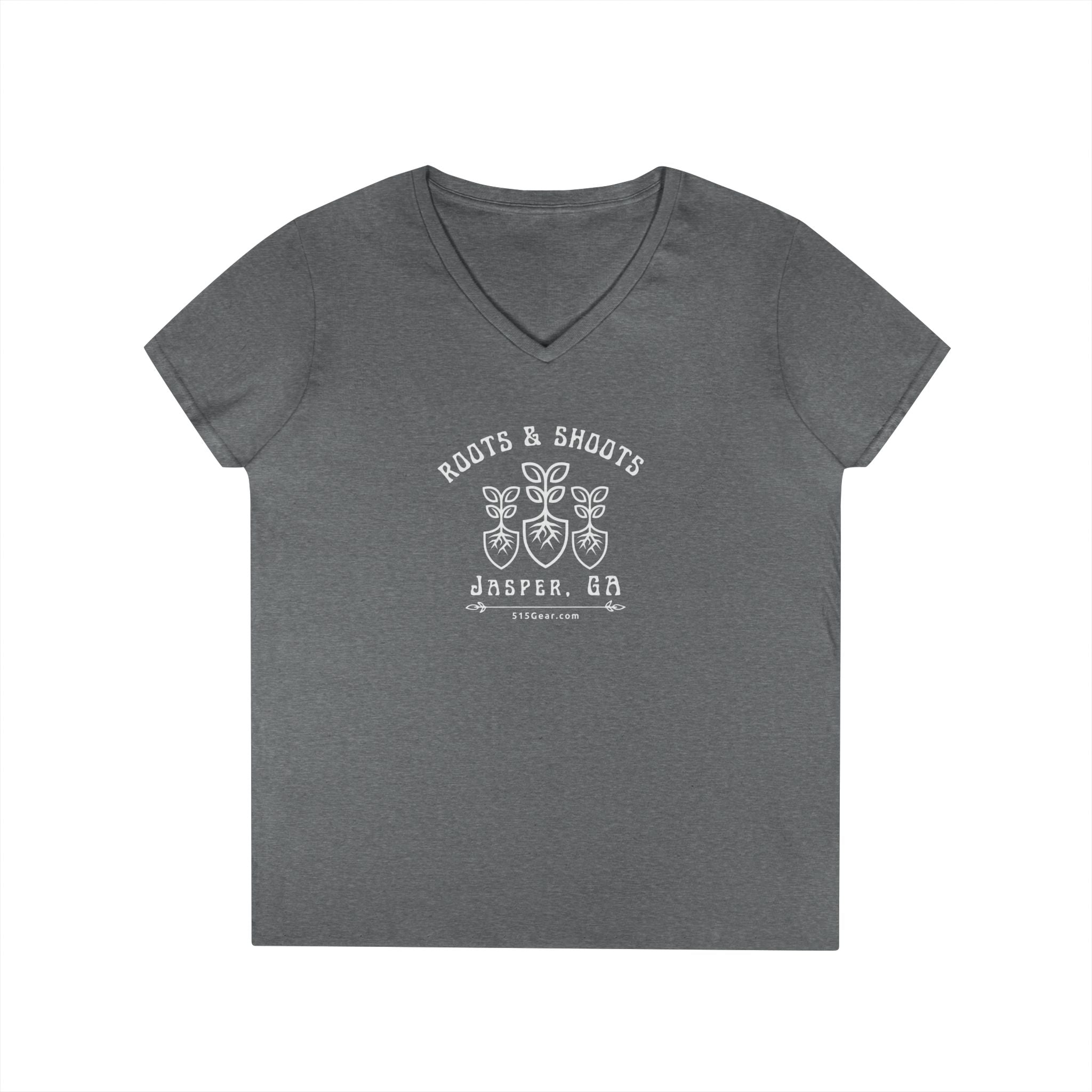 Women’s V-Neck T-shirt, Roots & Shoots, Garden shovel root leaf graphic, 515Gear.com | Jasper, GA | celebrate gardening