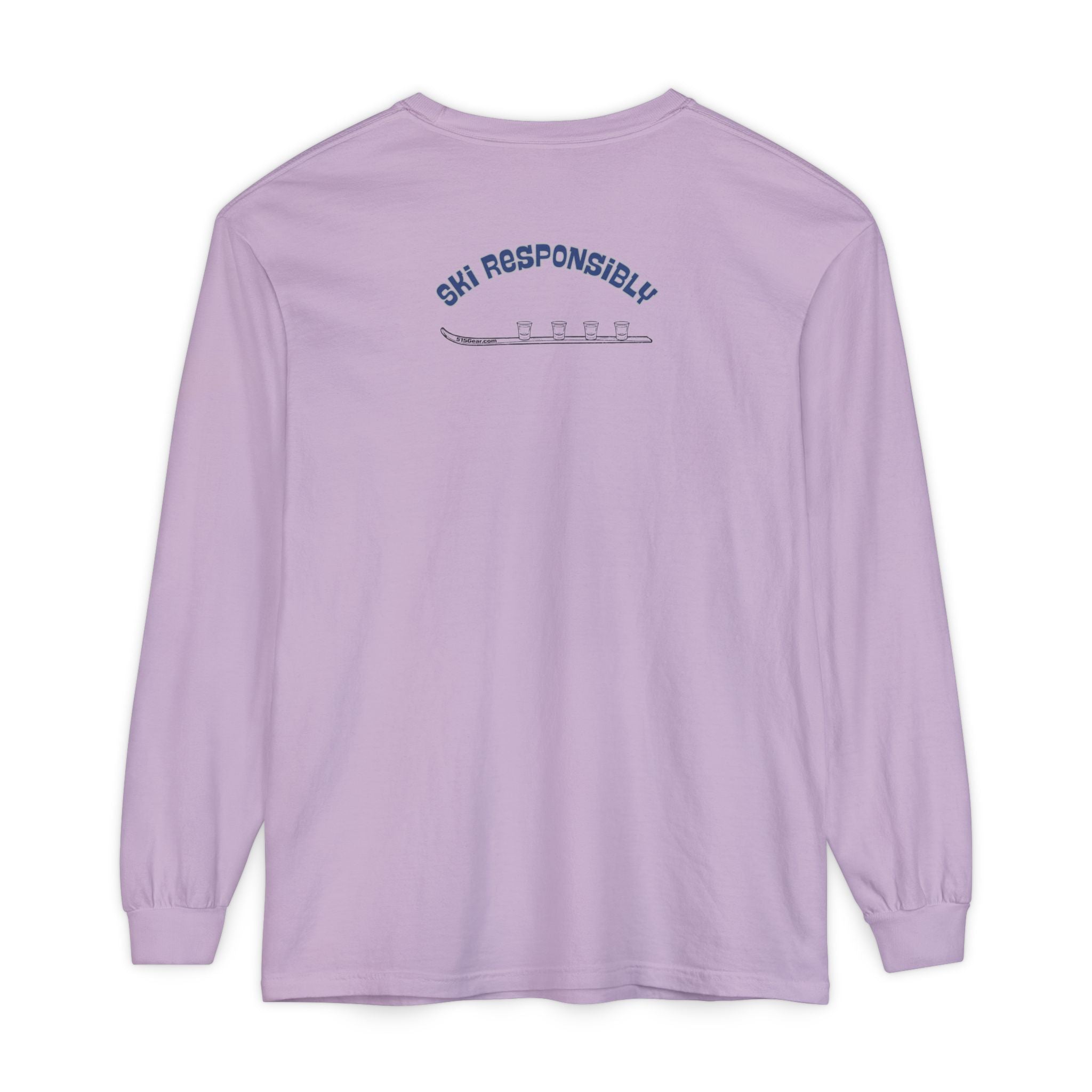 Purple long-sleeve shirt with 'Ski Responsibly' text and shotski graphic