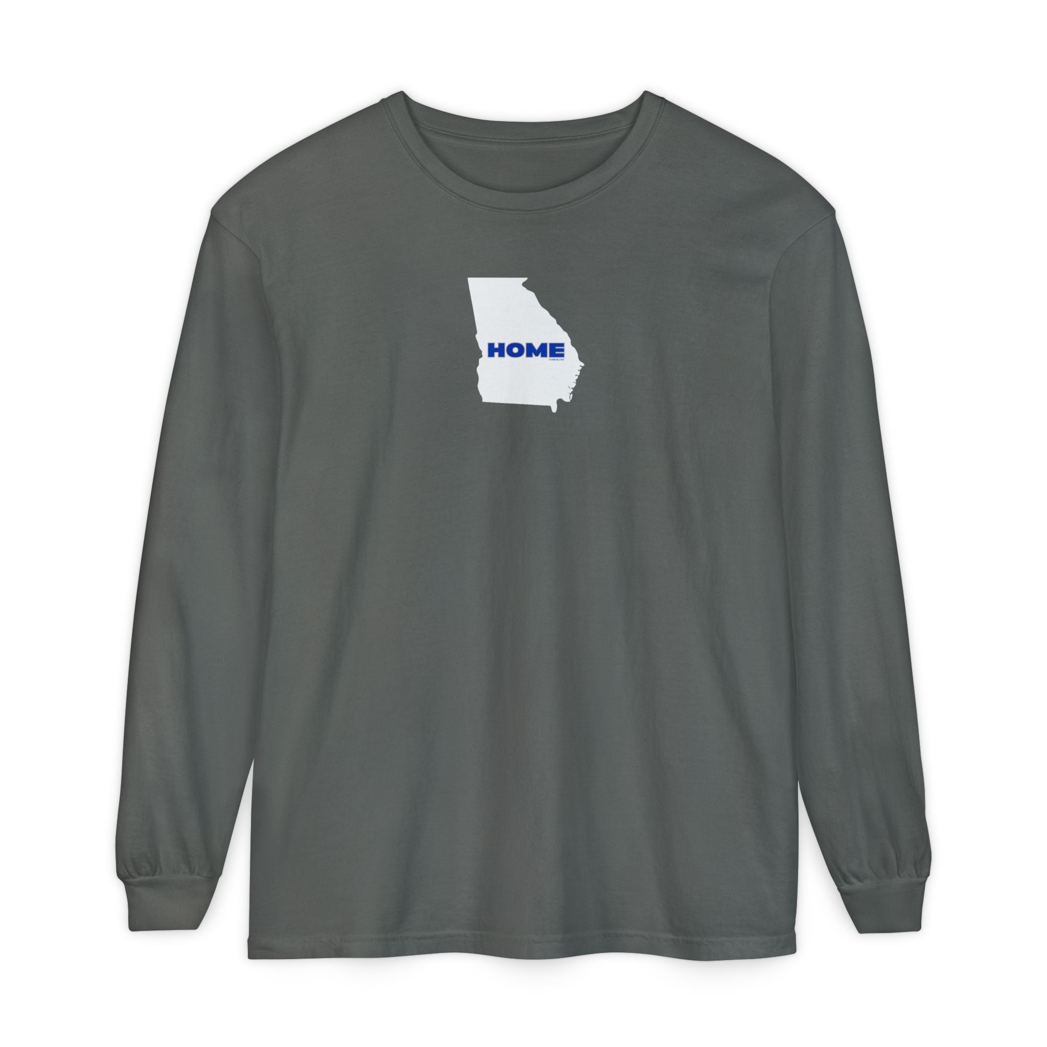 Gray Comfort Colors unisex heavy weight 100% cotton Georgia pride long-sleeve tee in school colors; State of Georgia graphic with text 'HOME'