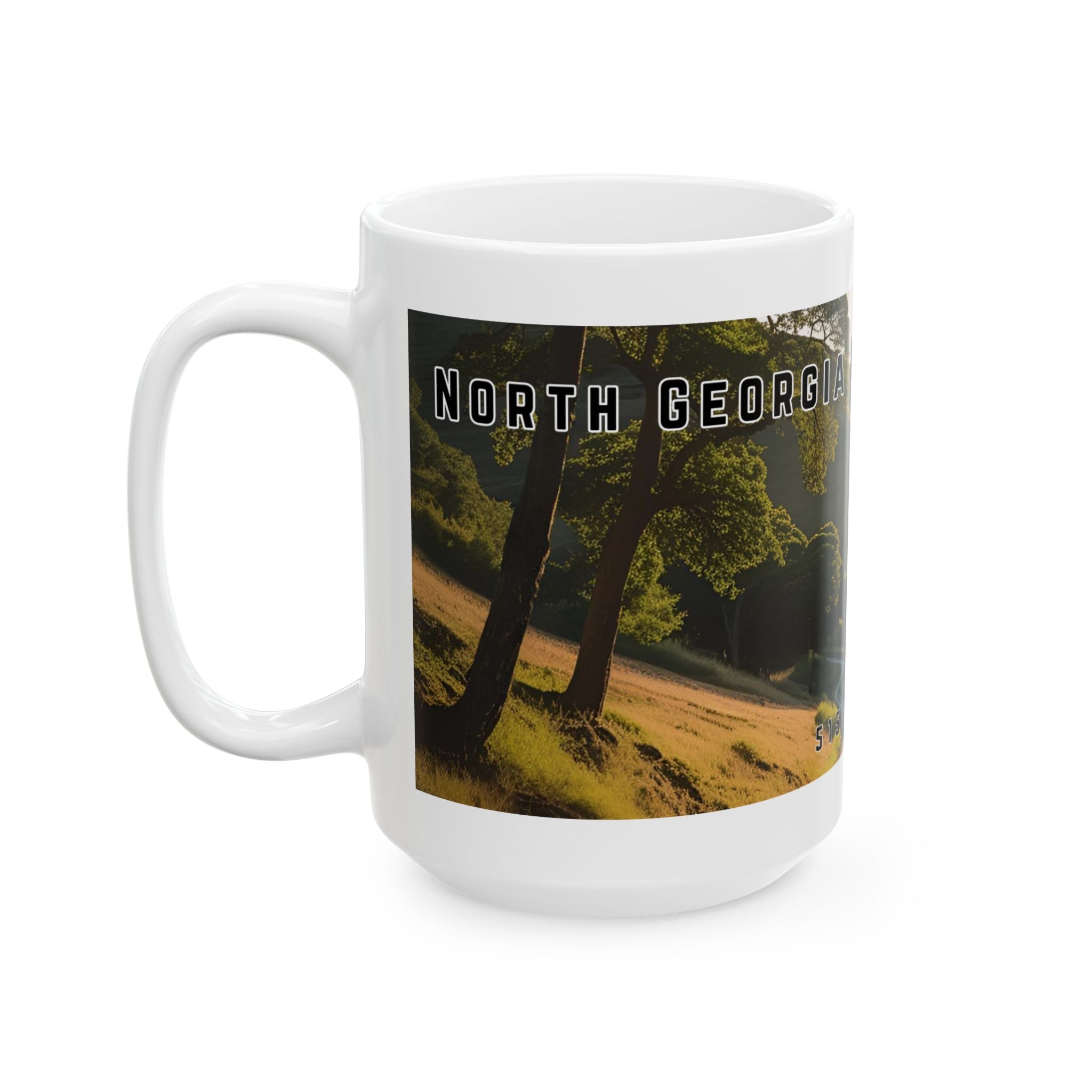 Mug with a vintage scenic design of a rural road at sunrise cutting through the North Georgia Mountains in Summer by 515Gear.com