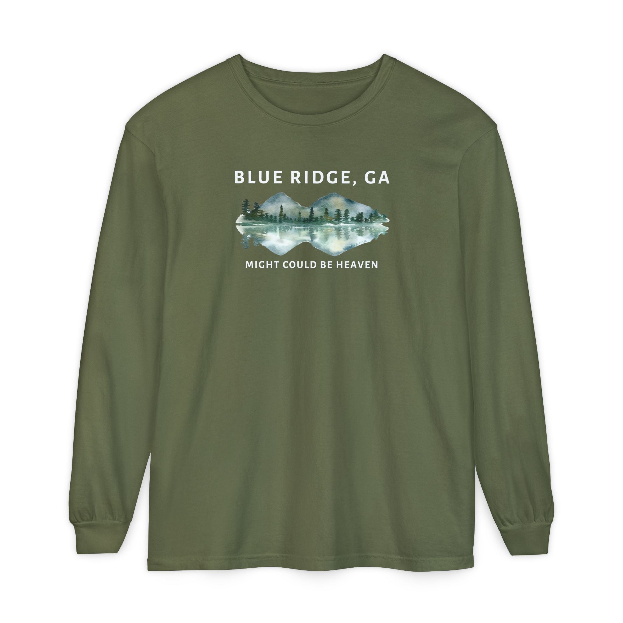 Green Comfort Colors long-sleeve shirt with 'Blue Ridge, GA - Might Could Be Heaven" text and Mountain & Lake graphic