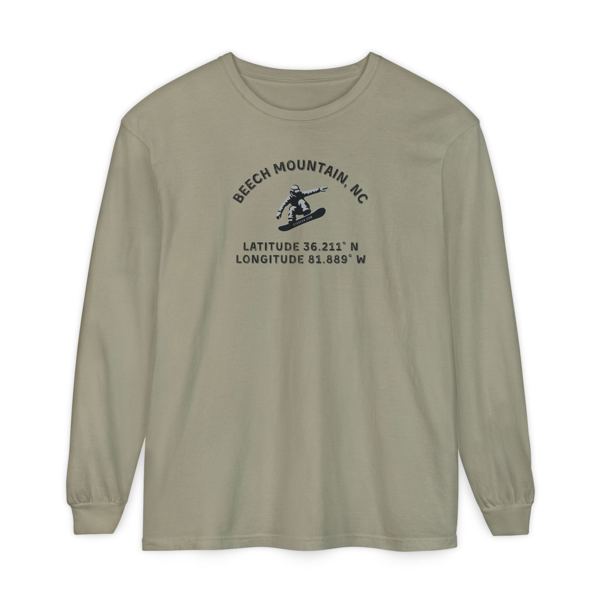 Khaki long sleeve tee with Snowboarder mid-air and text 'Beech Mountain, NC Latitude 36.211' N Longitude 81.889' W