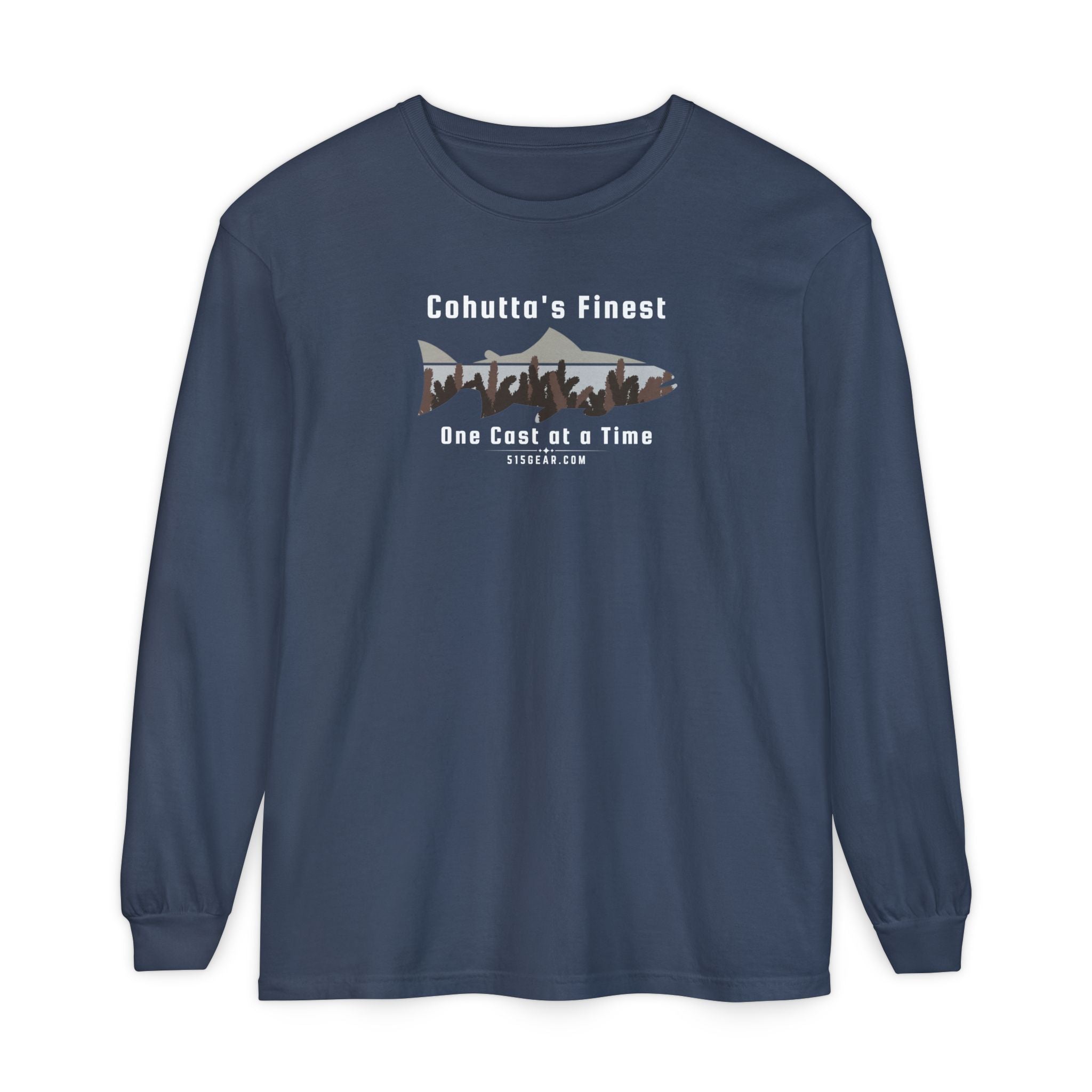Navy Blue long-sleeve shirt with a fishing-themed design saying Cohutta's finest One Cast at a Time by 515Gear.com
