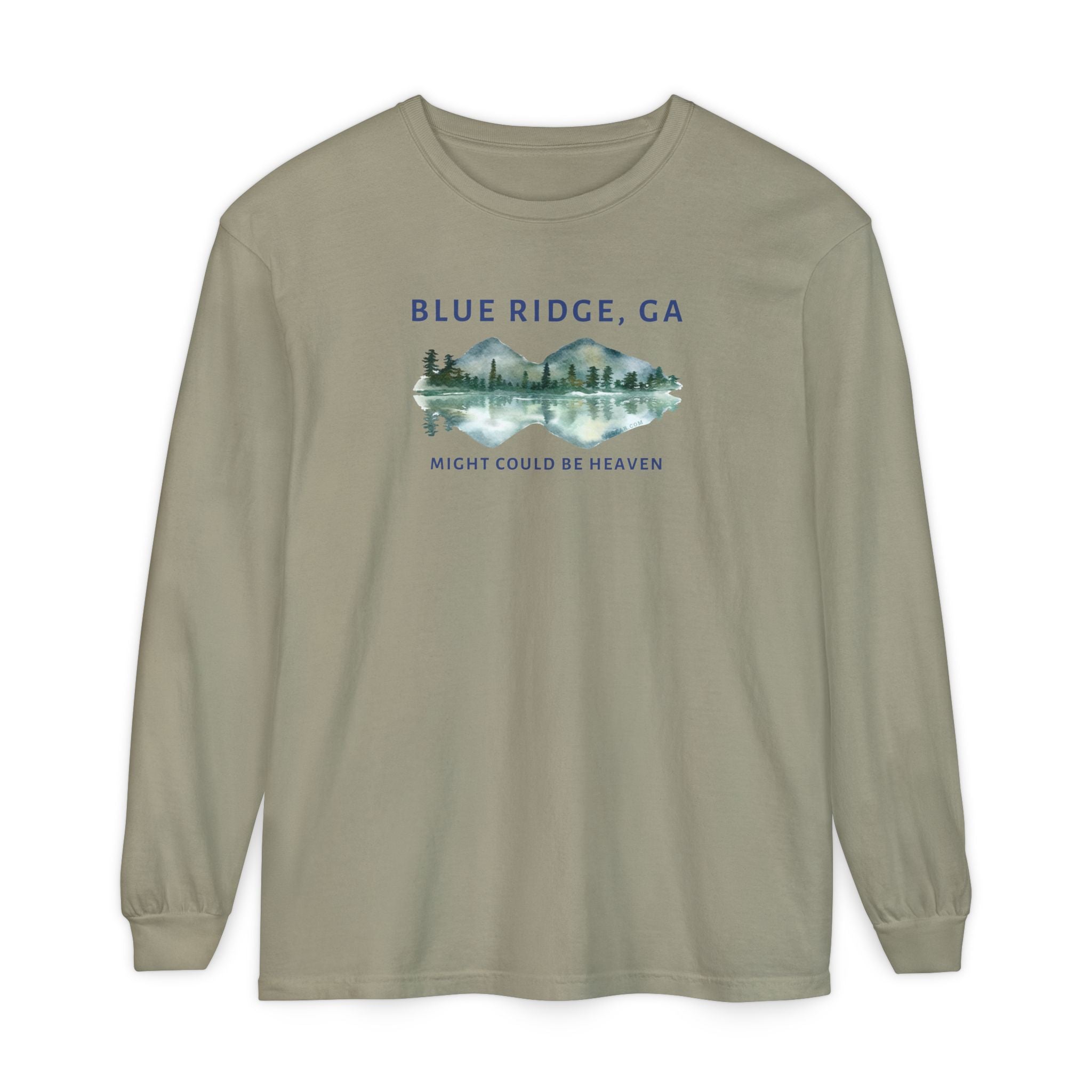 Olive Comfort Colors long-sleeve shirt with 'Blue Ridge, GA - Might Could Be Heaven" text and Mountain & Lake graphic