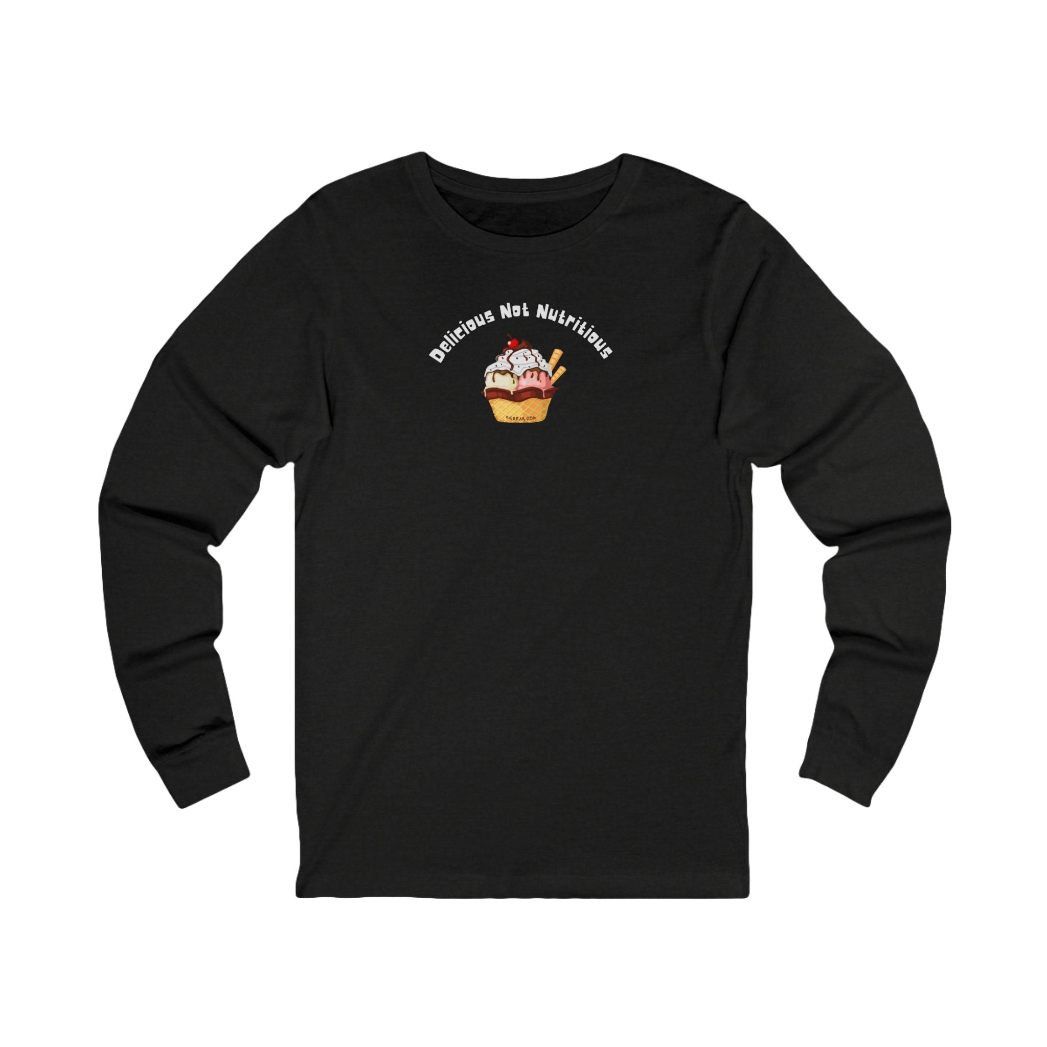 Heather Gray long-sleeve T-shirt with ice cream sundae graphic and text "delicious not nutritious" by 515gear.com
