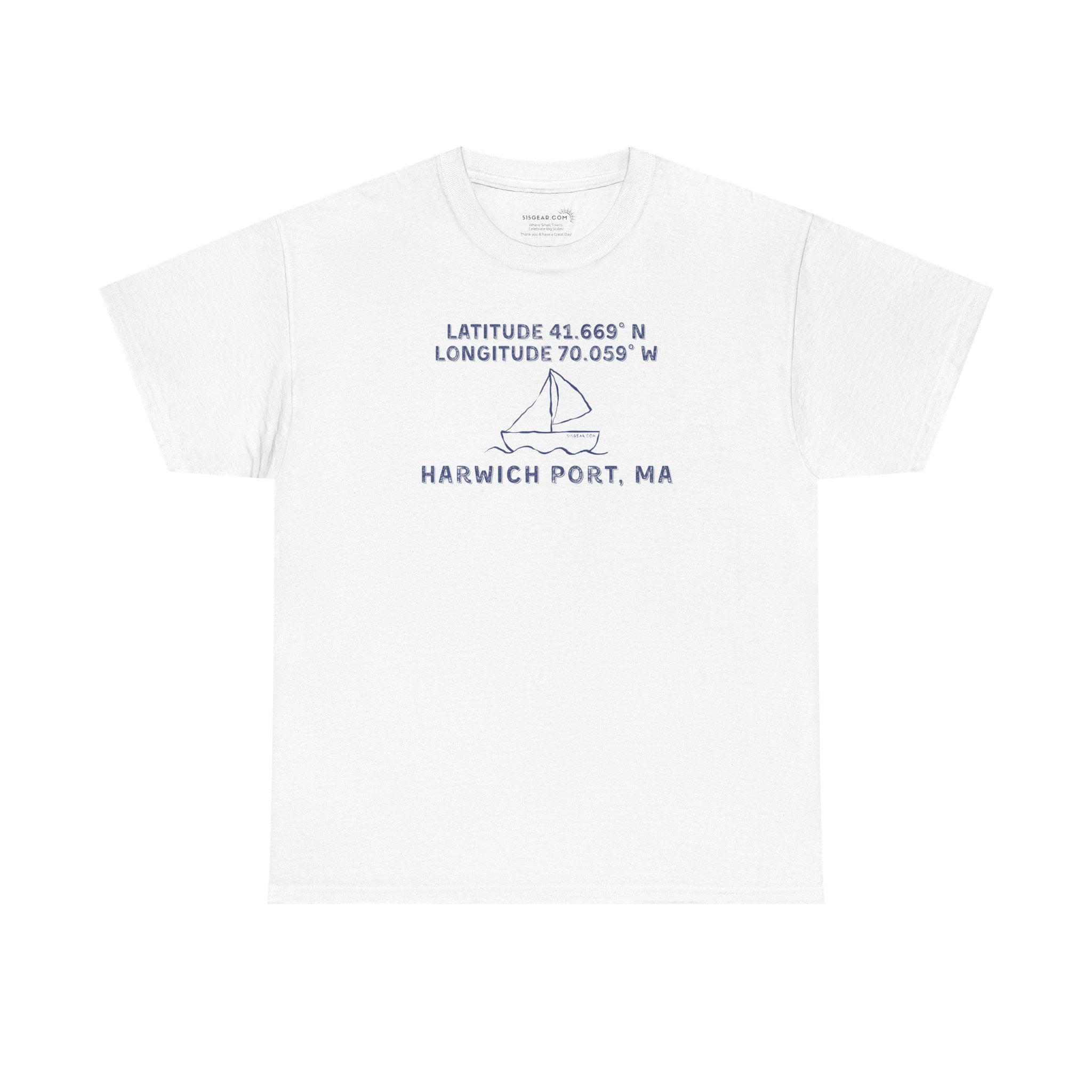 White t-shirt with text "Latitude 41.669 N Longitude 70.058 W - Harwich Port, MA" and sailboat graphic