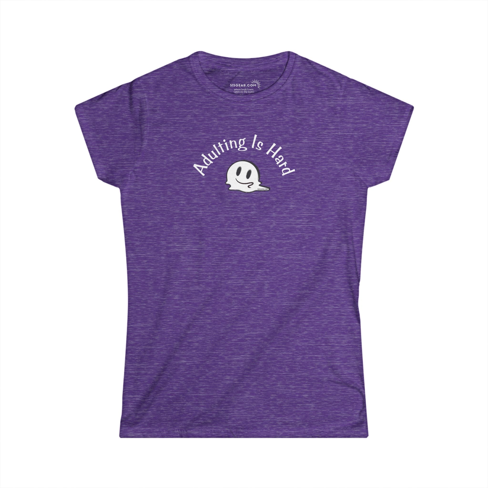 Purple super soft v-neck Women's t-shirt with text Adulting is Hard and graphic of a melting smiley face