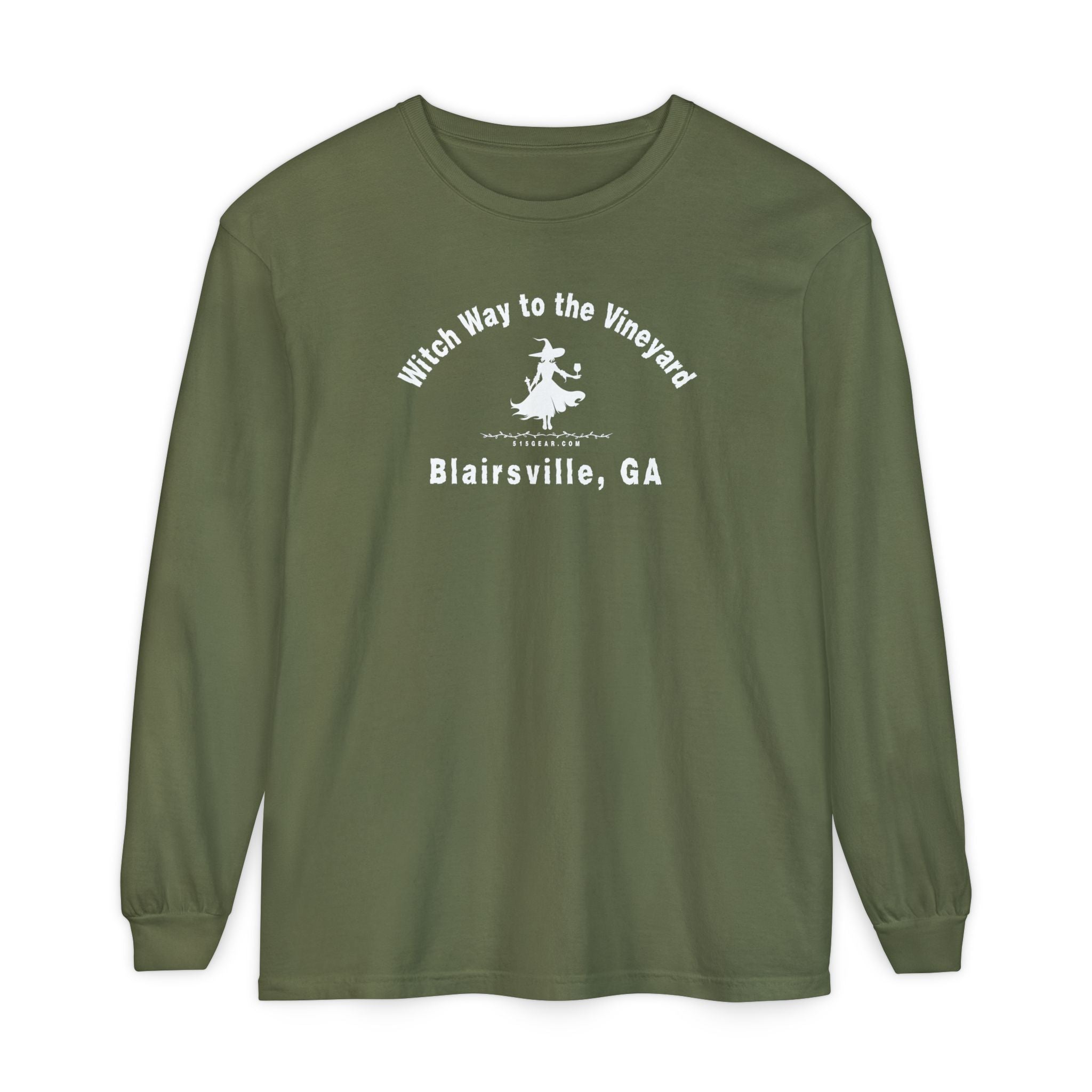 Green long sleeve t-shirt with sassy witch graphic holding a glass of wine and text "Witch Way to the Vineyard - Blairsville GA" by 515Gear.com