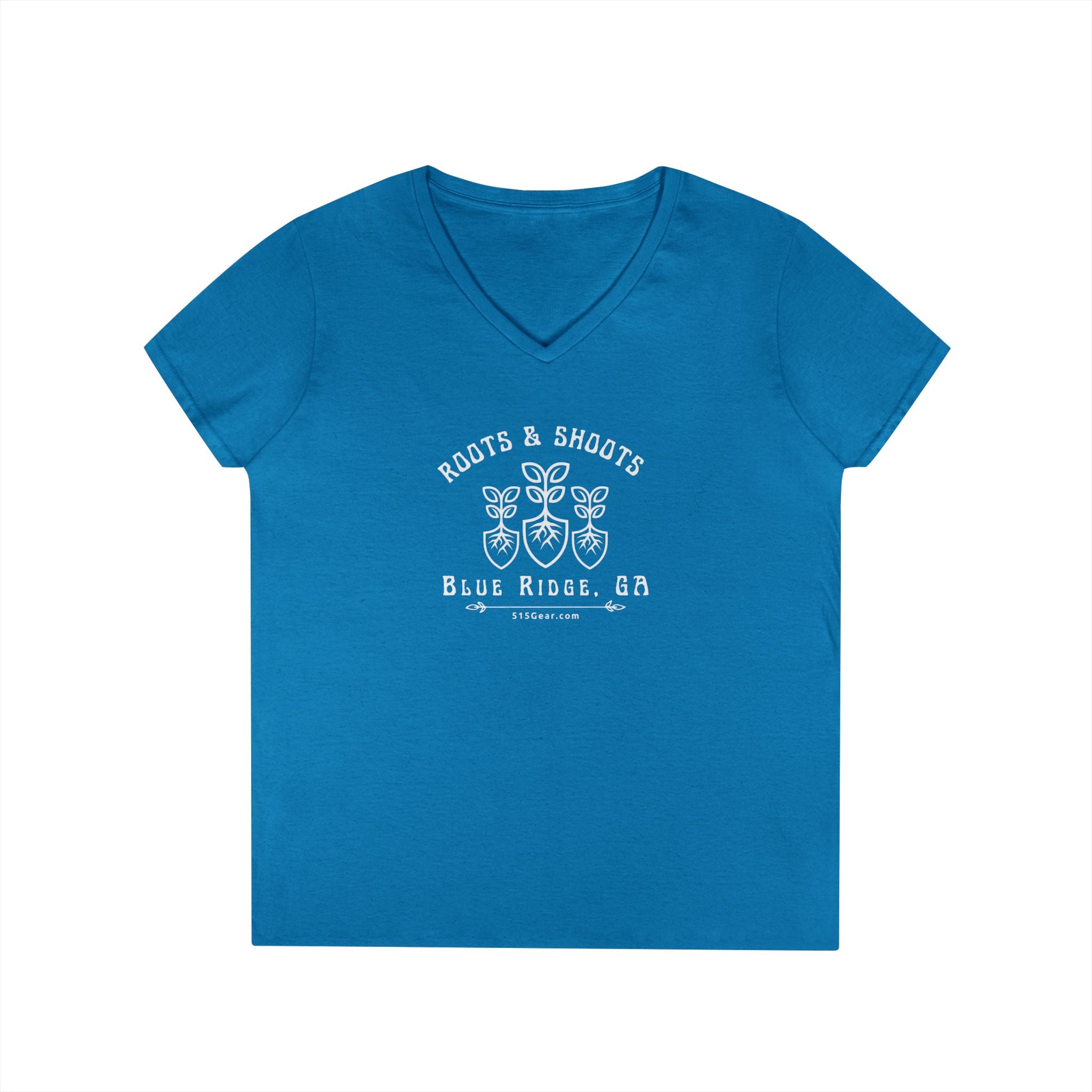 Women’s V-Neck T-shirt, Roots & Shoots, Garden shovel root leaf graphic, 515Gear.com | Blue Ridge, GA | celebrate gardening