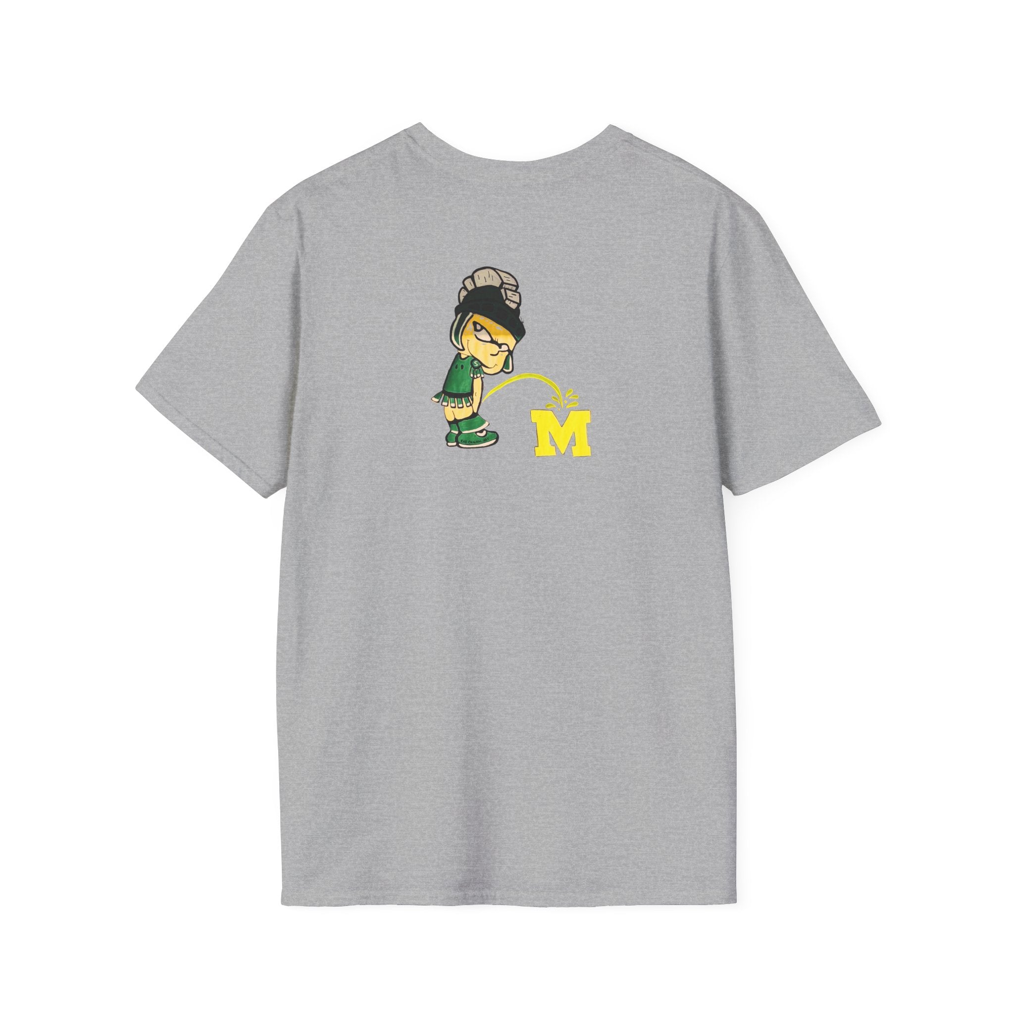 Gray t-shirt with cartoon Sparty peeing with text Always Spartan