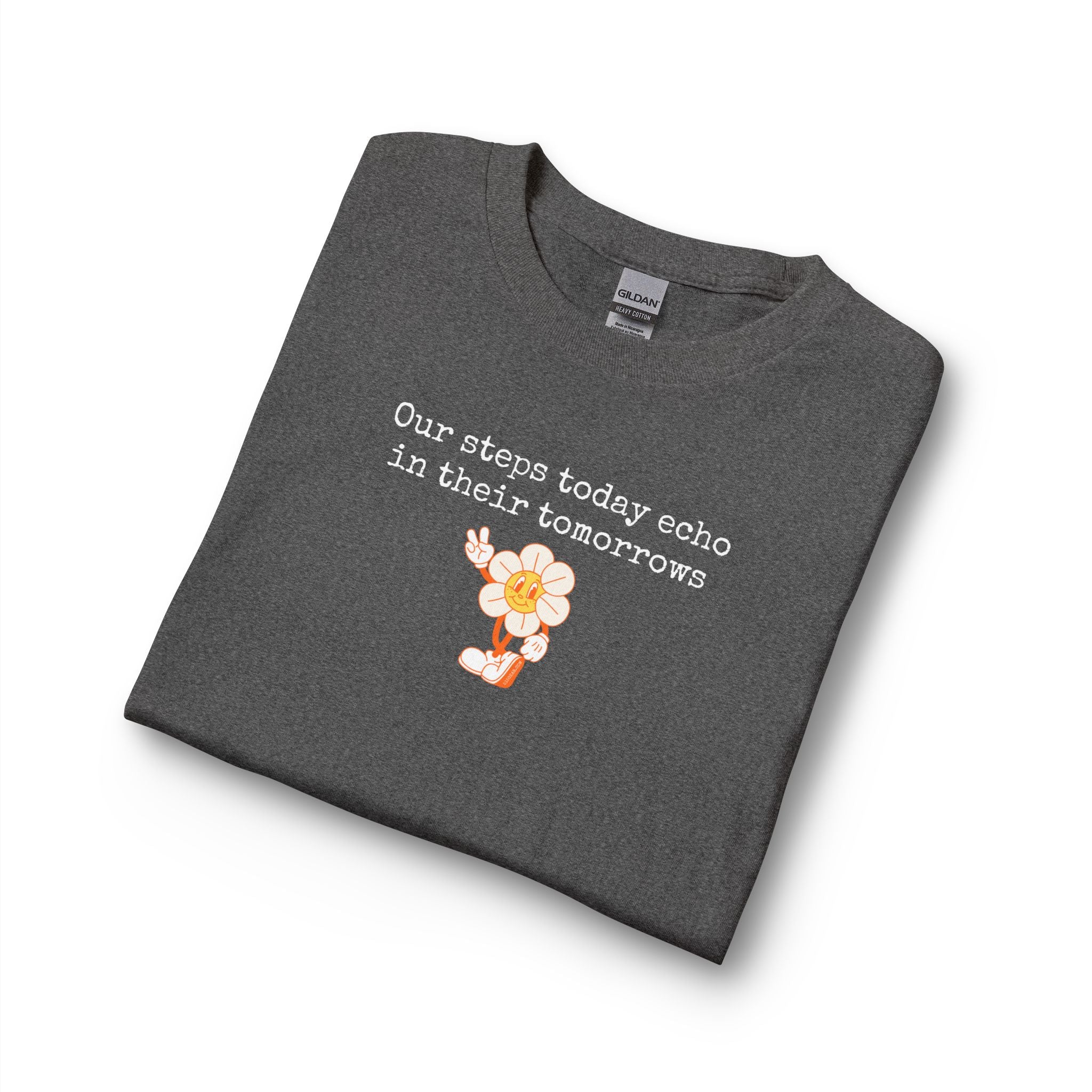 Folded dark gray long sleeve t-shirt with a sunflower design and text "our steps today echo in their tomorrows"