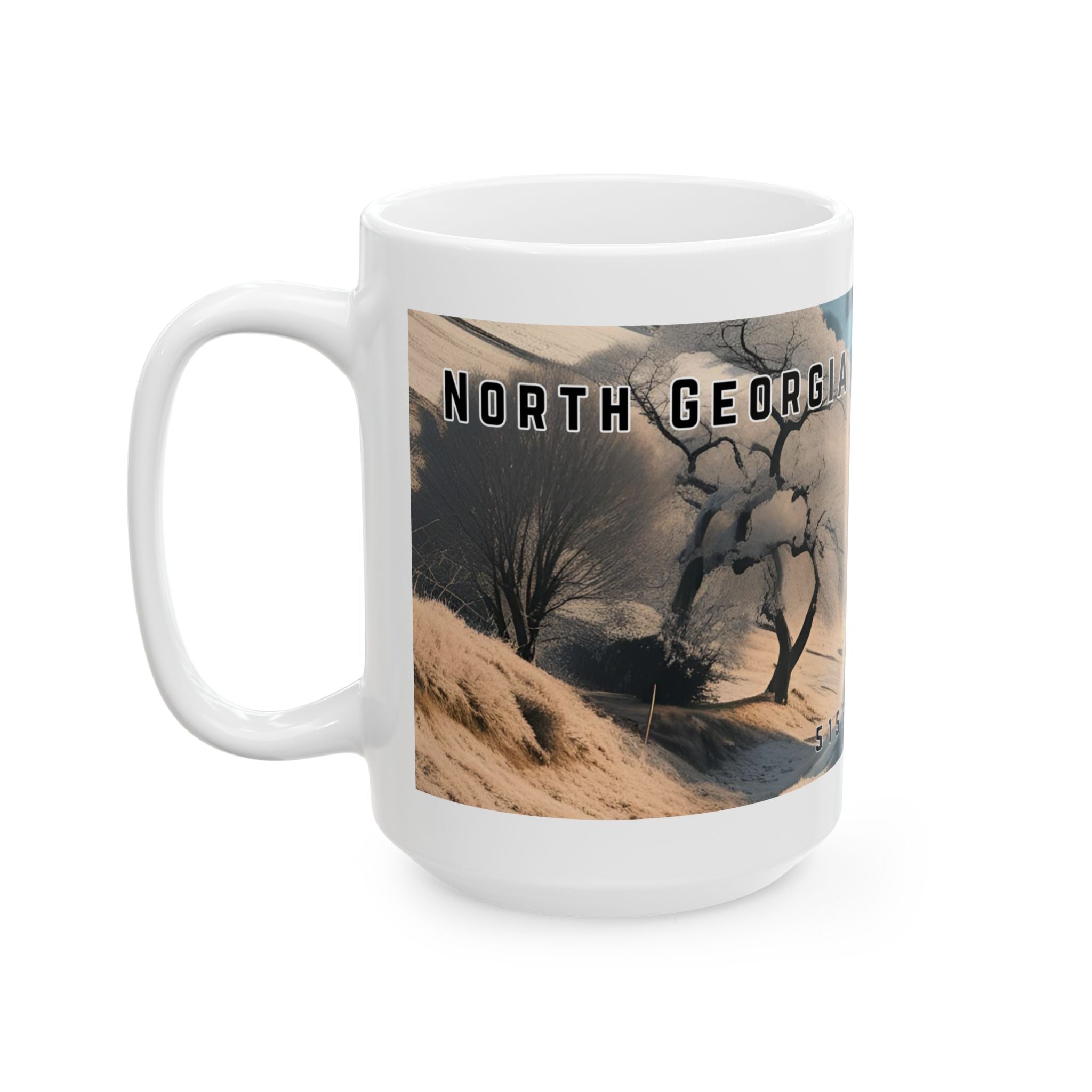 Mug with a vintage scenic design of a rural road cutting through the North Georgia Mountains in Winter by 515Gear.com