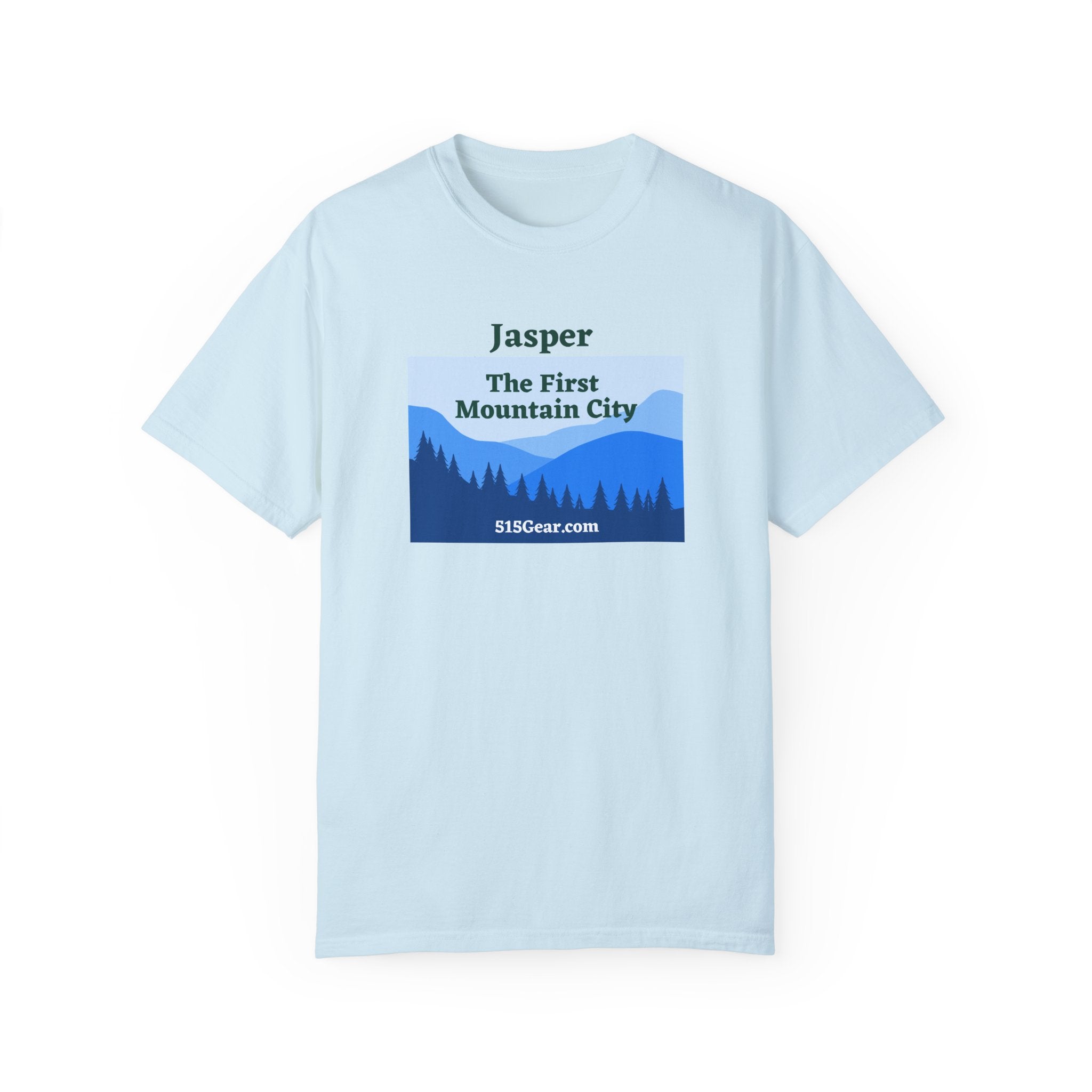 Jasper, GA First Mountain City, blue ridge mountains graphic, Unisex Garment-Dyed adult T-shirt by 515Gear.com