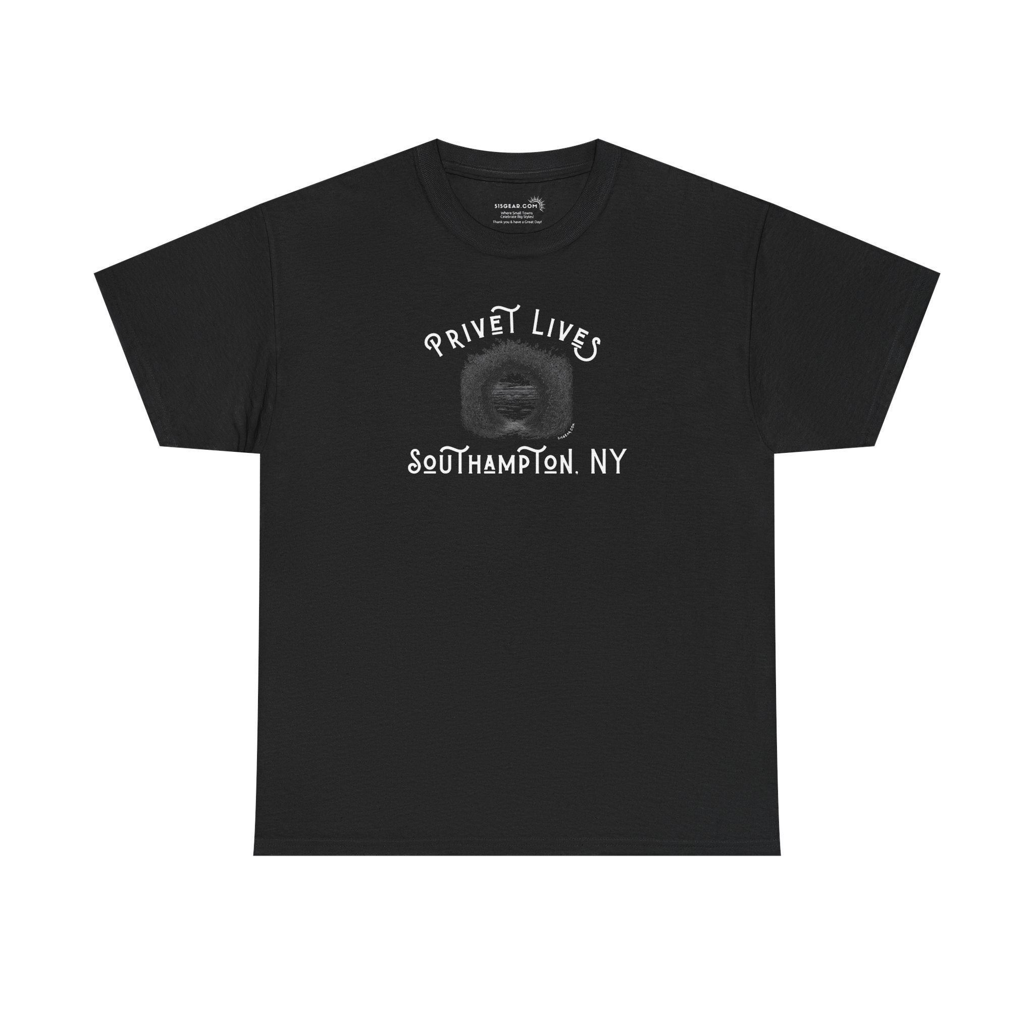 Black t-shirt with privet beach pathway illustration and text "Privet Lives - Southampton, NY"
