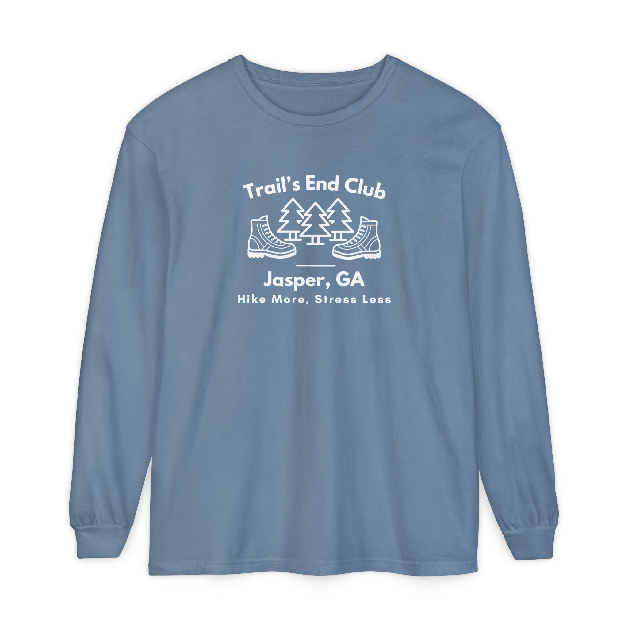 Long sleeve gray t-shirt, 'Trail's End Club' | Jasper, GA | Hike More, Stress Less!