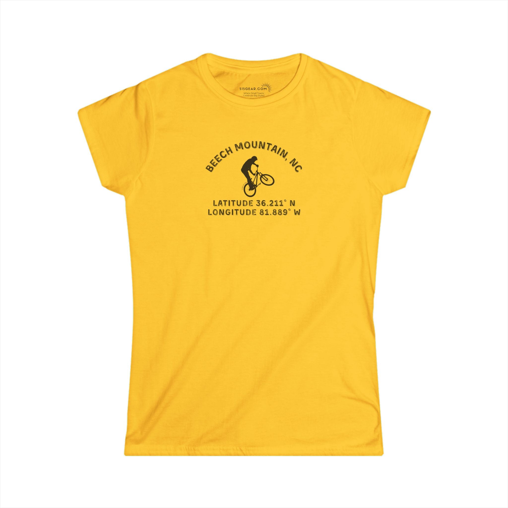 Yellow women's semi fitted t-shirt with mountain bike graphic and text "Beech Mountain, NC - Latitude and Longitude" coordinates