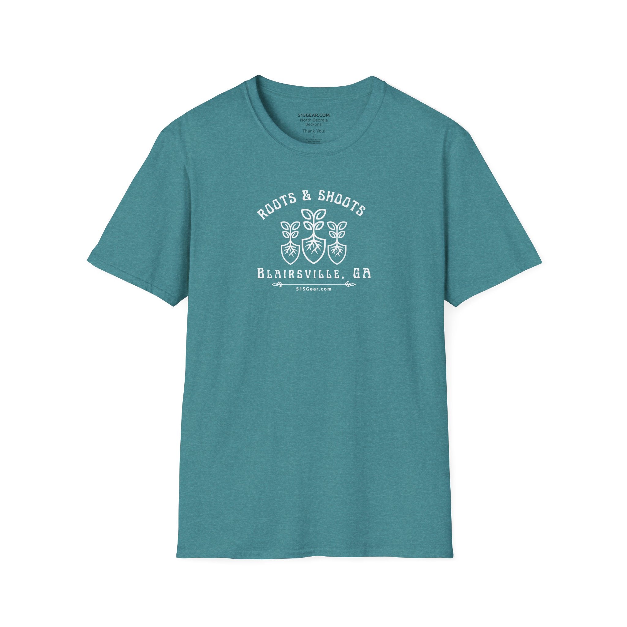 unisex adult T-shirt, Roots & Shoots, Garden shovel root leaf graphic, 515Gear.com | Blairsville, GA | celebrate gardening