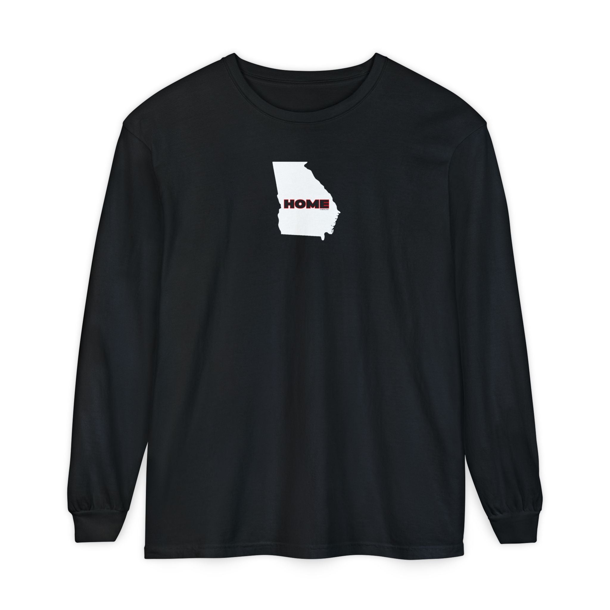 Black Comfort Colors unisex heavy weight 100% cotton Georgia pride long-sleeve tee in school colors; State of Georgia graphic with text 'HOME'