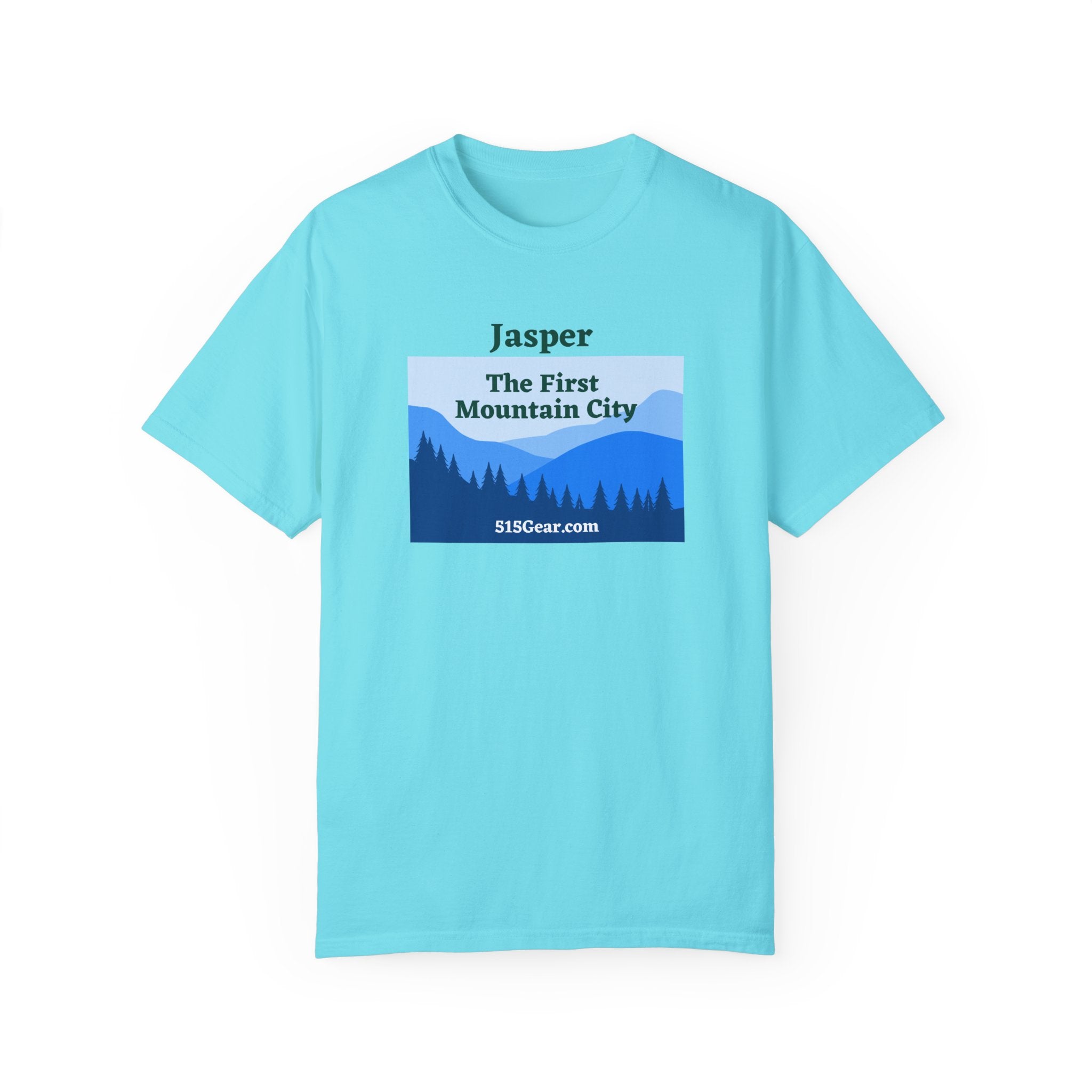 Jasper, GA First Mountain City, blue ridge mountains graphic, Unisex Garment-Dyed adult T-shirt by 515Gear.com