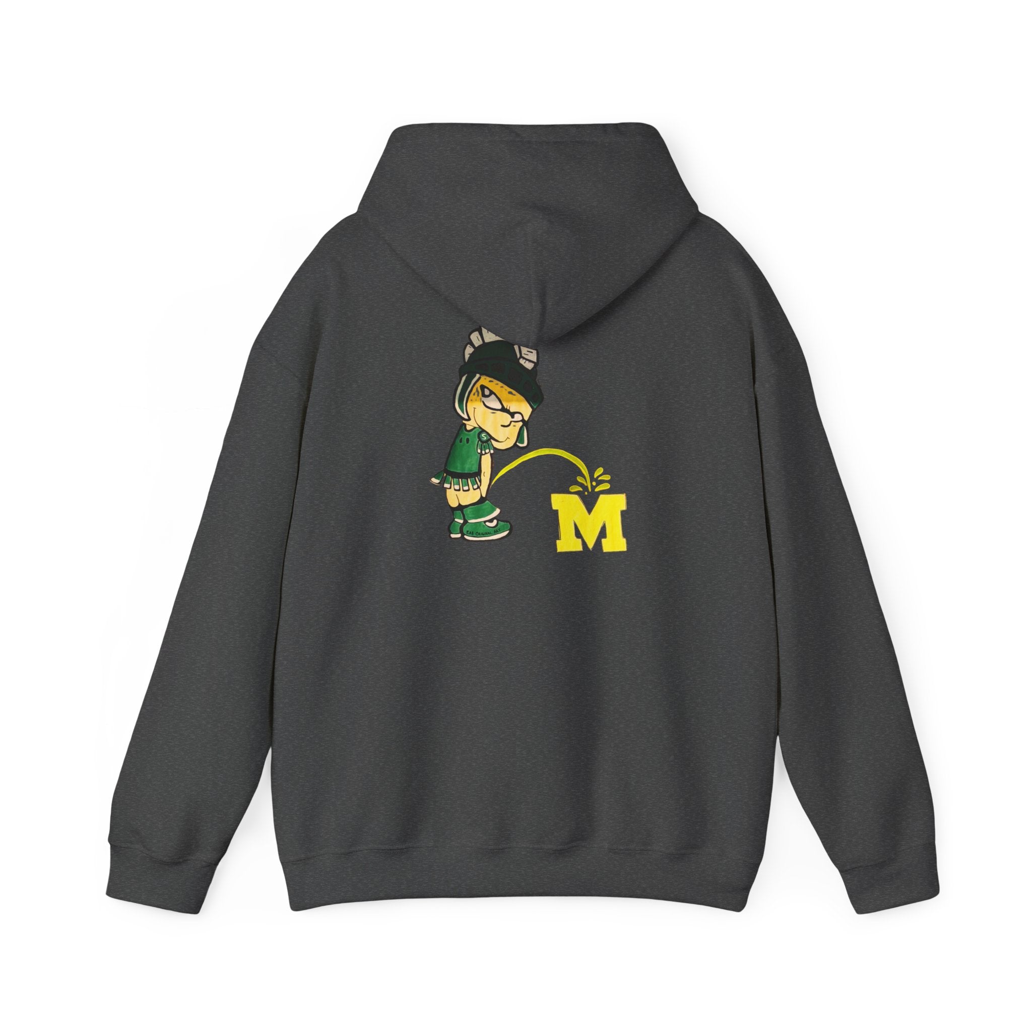 Dark gray hoodie with Sparty cartoon character peeing on a block M